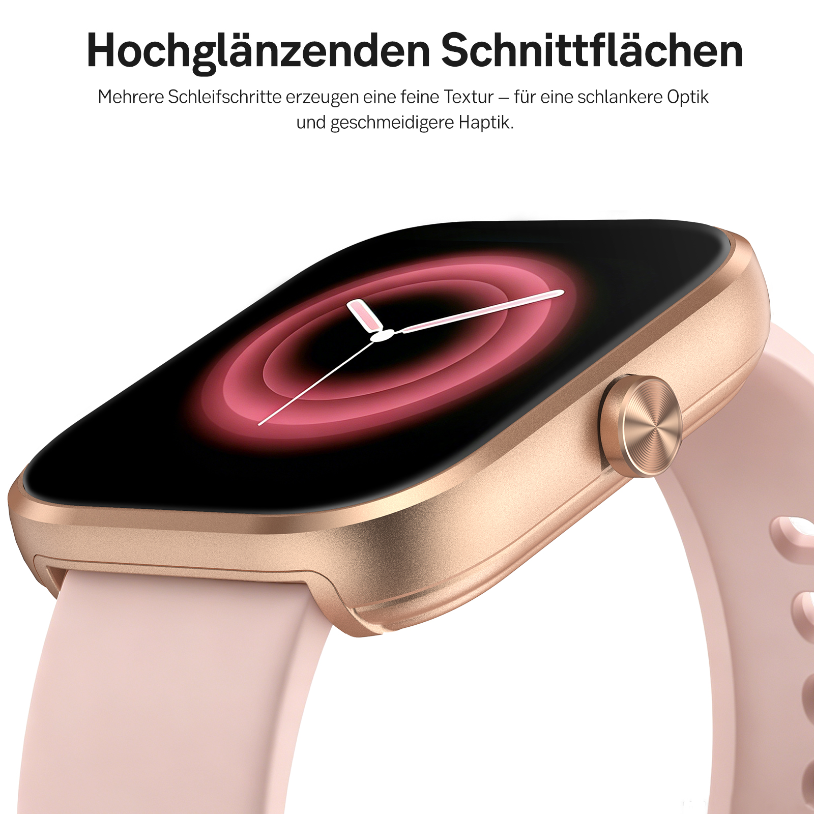 Eine goldene Smartwatch mit rosa Armband und einem roten Zifferblatt.