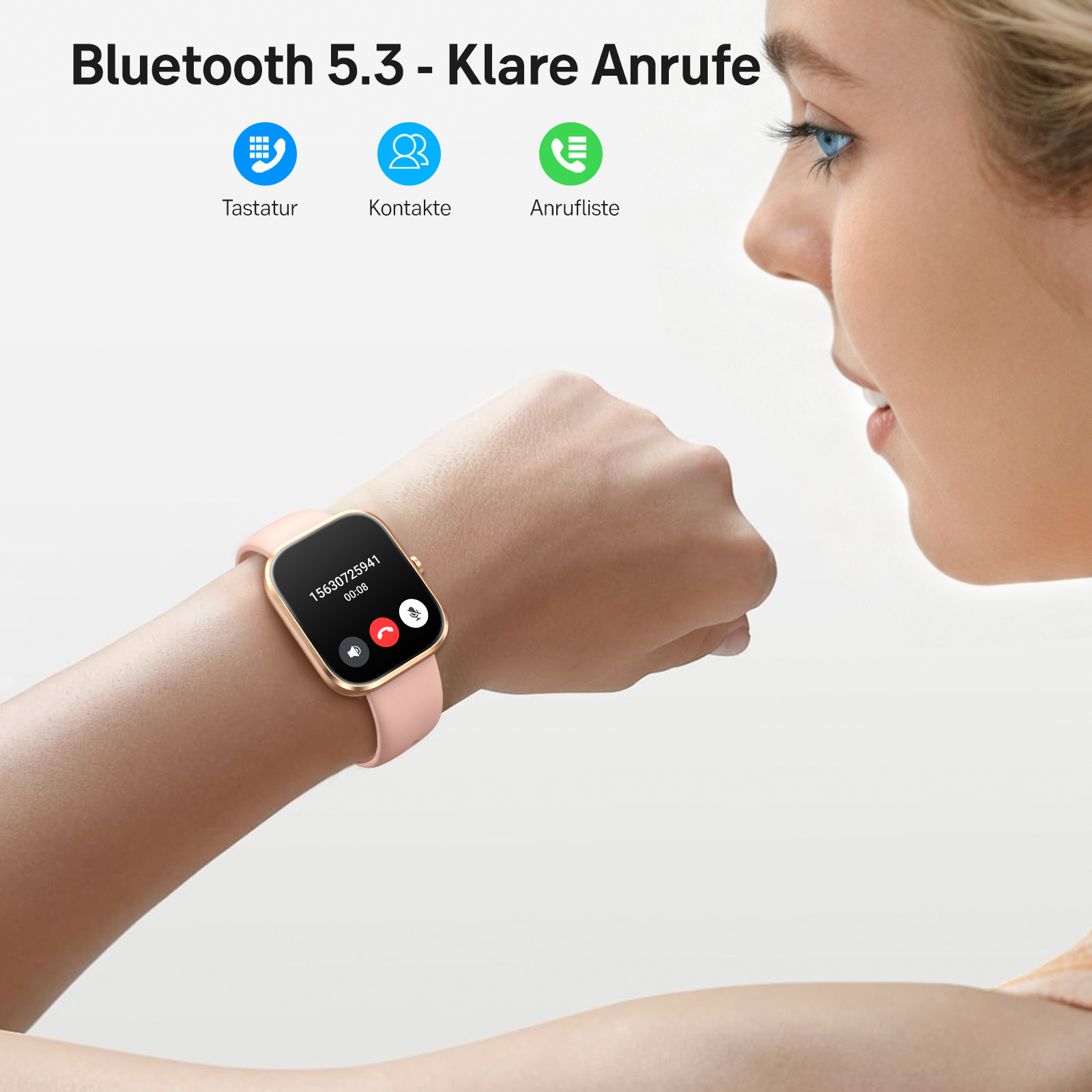 Eine Frau trägt eine rosa Smartwatch mit einem eingehenden Anruf auf dem Display.