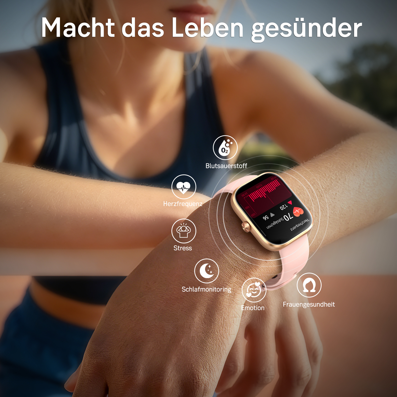 Eine Frau trägt eine Smartwatch, die Herzfrequenz, Sauerstoff und mehr anzeigt.