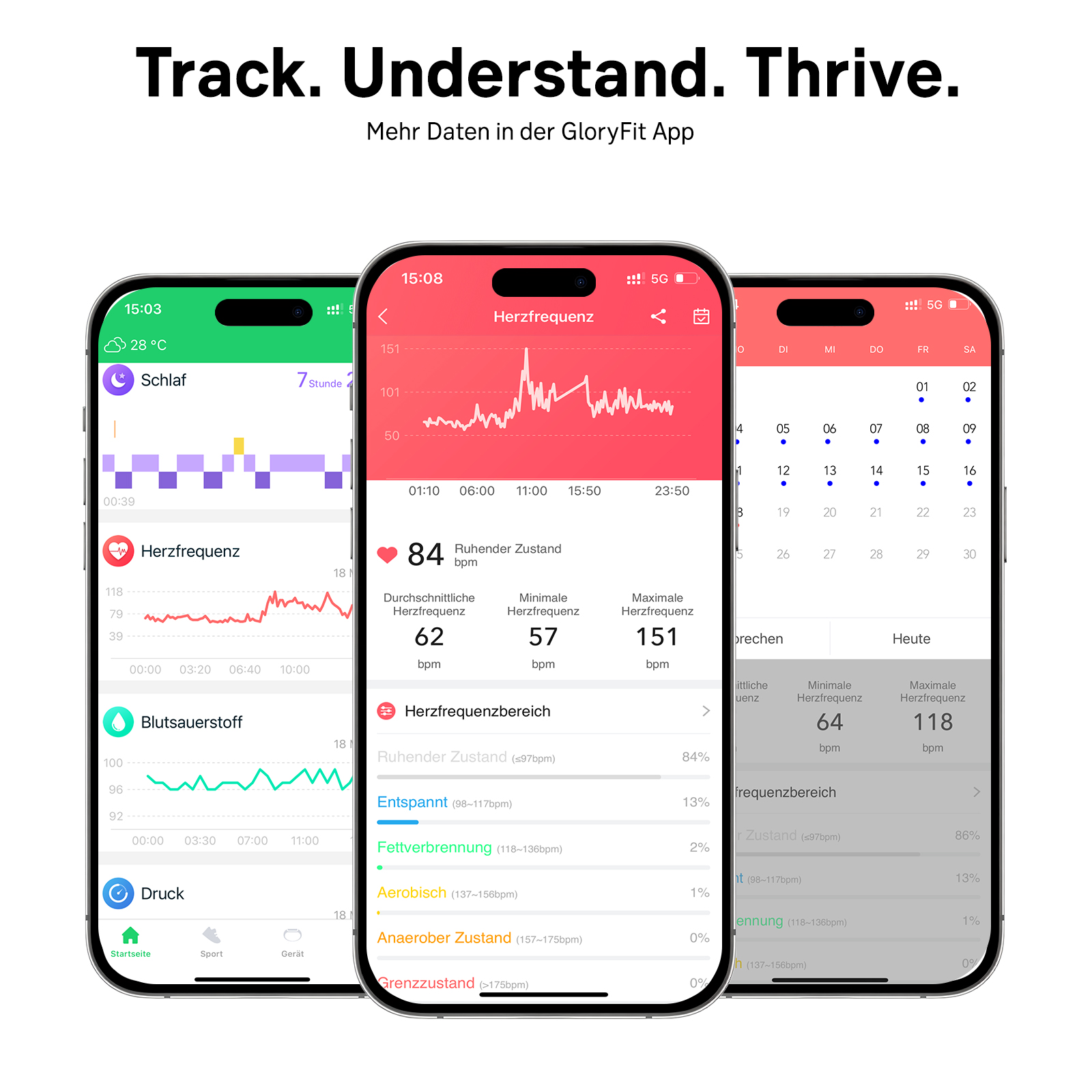 Drei Smartphones zeigen Gesundheitsdaten wie Herzfrequenz, Schlaf und Blutsauerstoff in Apps.