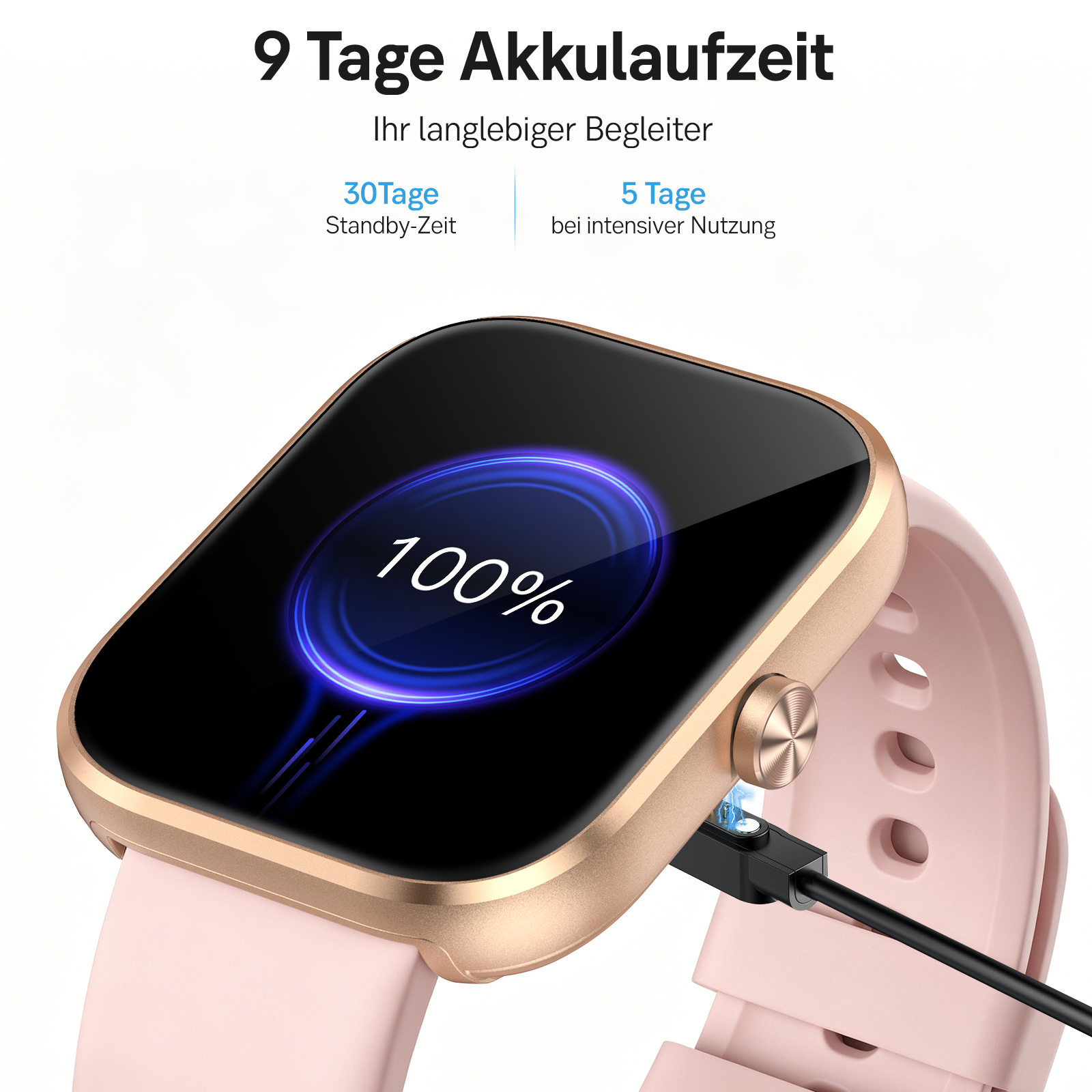 Eine rosafarbene Smartwatch mit goldfarbenem Gehäuse wird aufgeladen. 100% Akku.