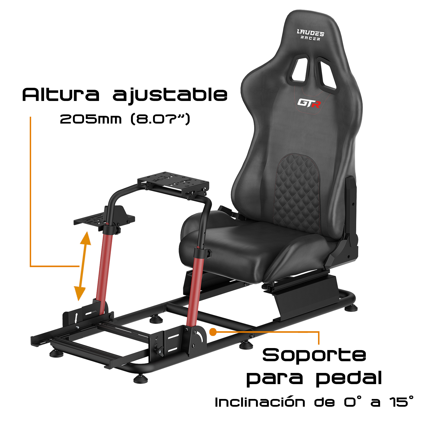 Simulador de silla de carreras gris y negro con altura ajustable y soporte.