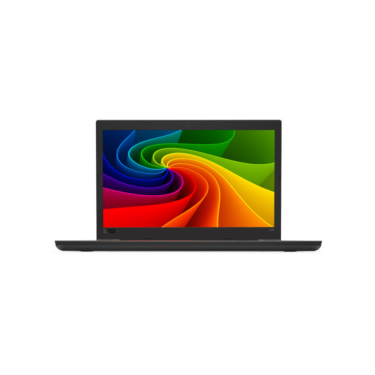 Ein geöffneter schwarzer Laptop mit einem bunten Wirbel-Hintergrund auf dem Bildschirm.