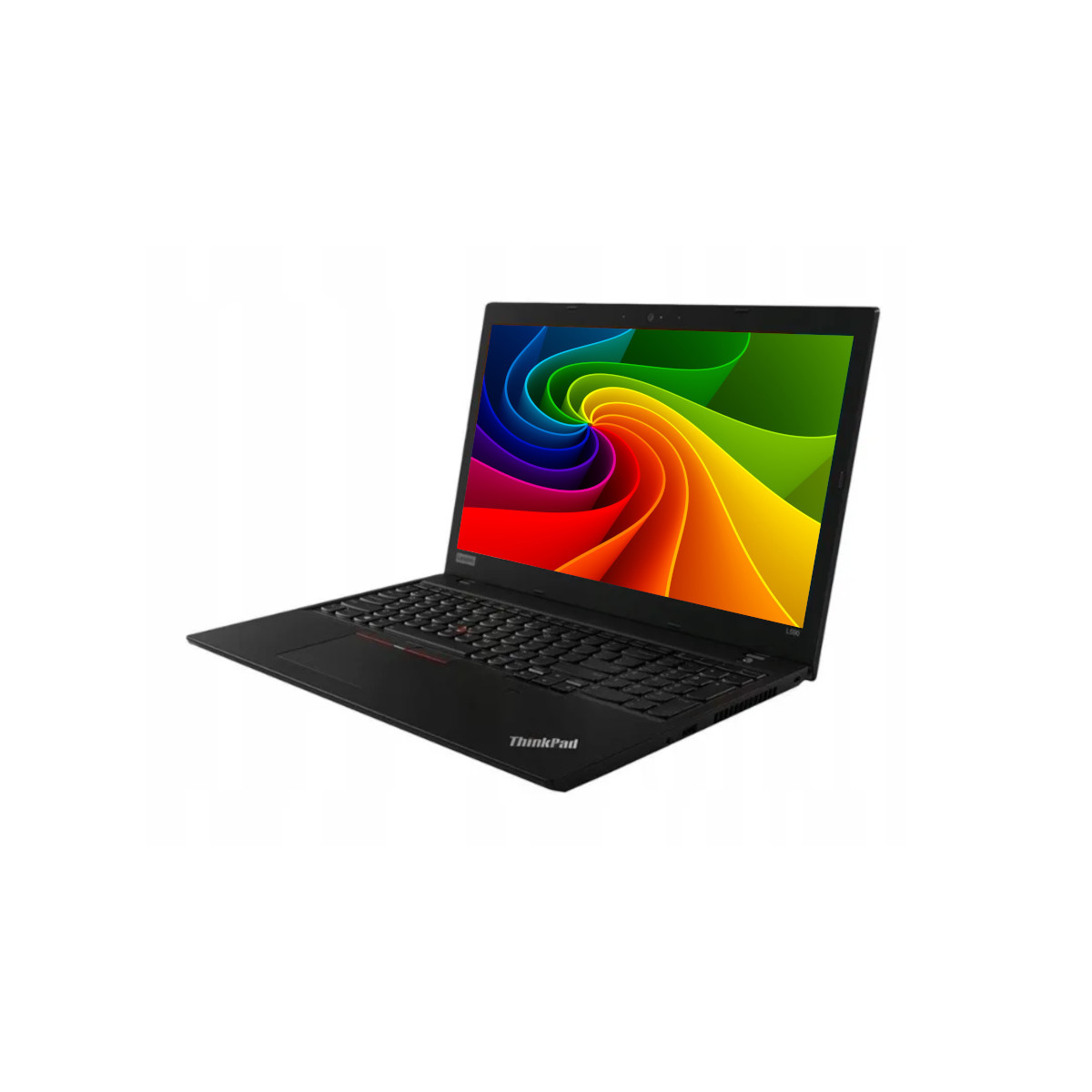 Ein schwarzer Laptop mit einem bunten Hintergrund auf dem Bildschirm.