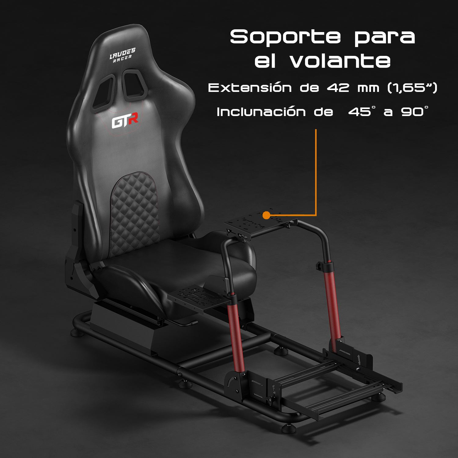 Una silla de carreras negra con logo GTR y soporte ajustable para volante.