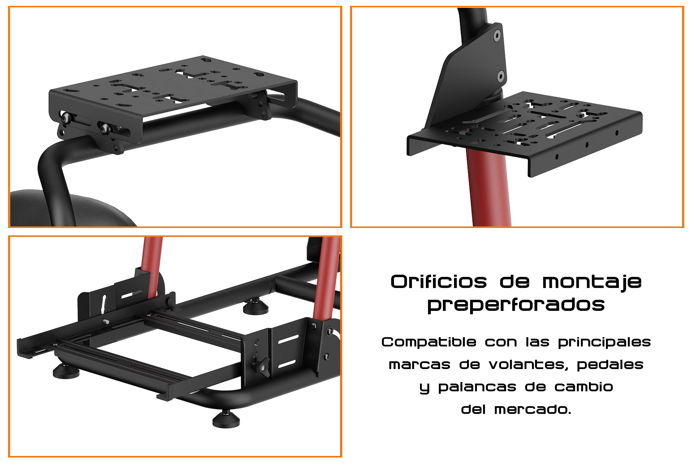 Marco negro de simulador de carreras con placas de montaje y soportes rojos.