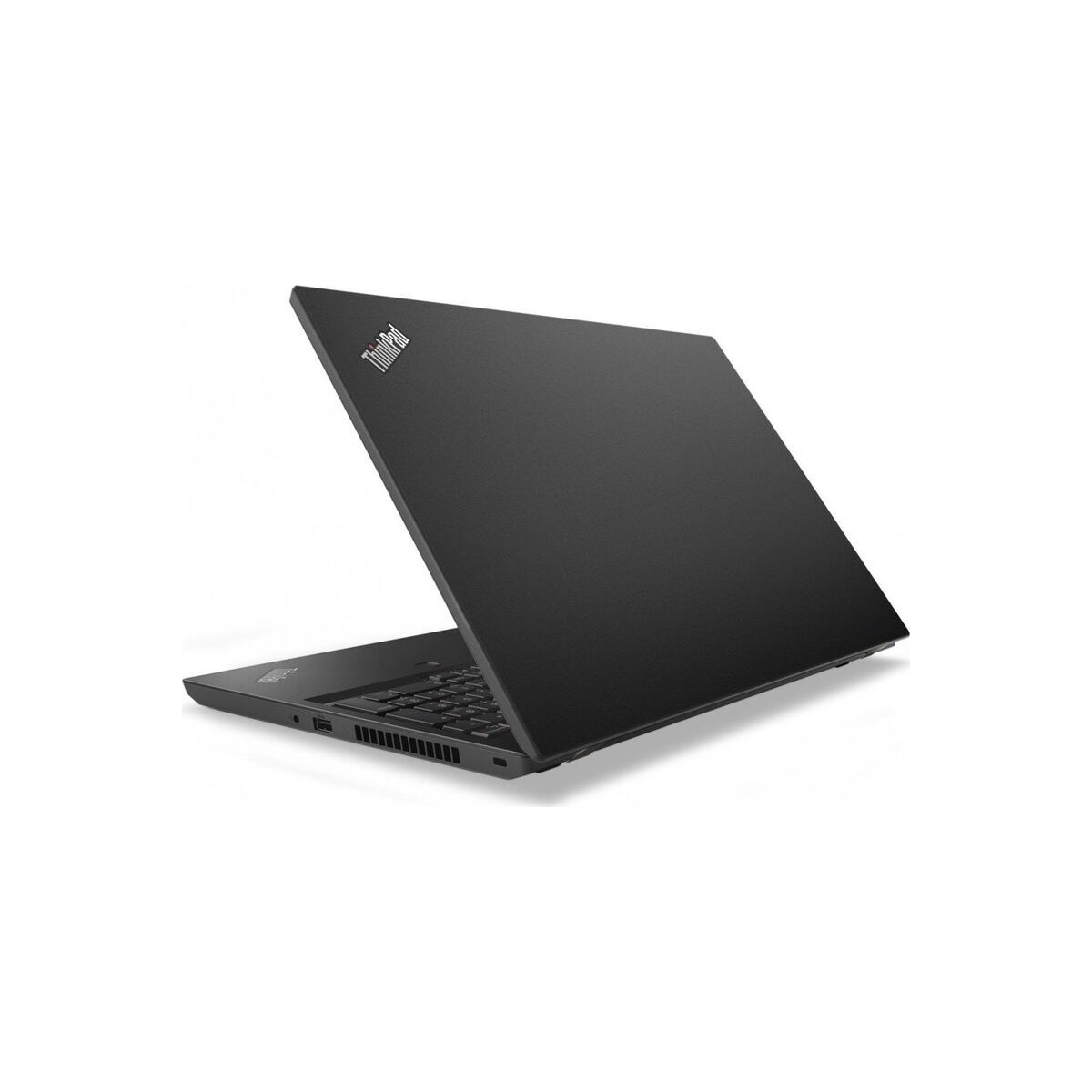 Ein schwarzer Laptop mit geöffnetem Deckel, der auf einem weißen Hintergrund steht.