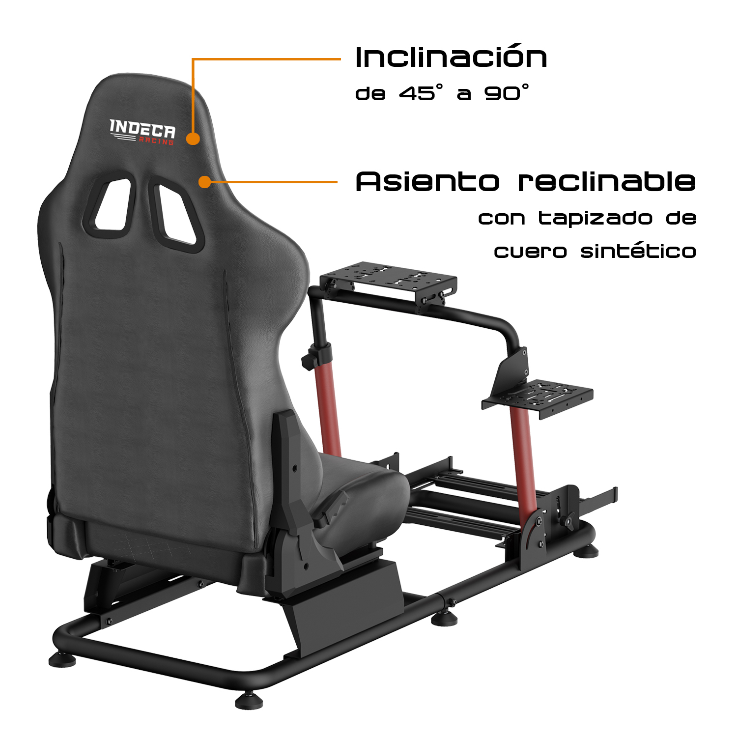Asiento de carreras negro con ajuste de inclinación y tapicería de cuero sintético.