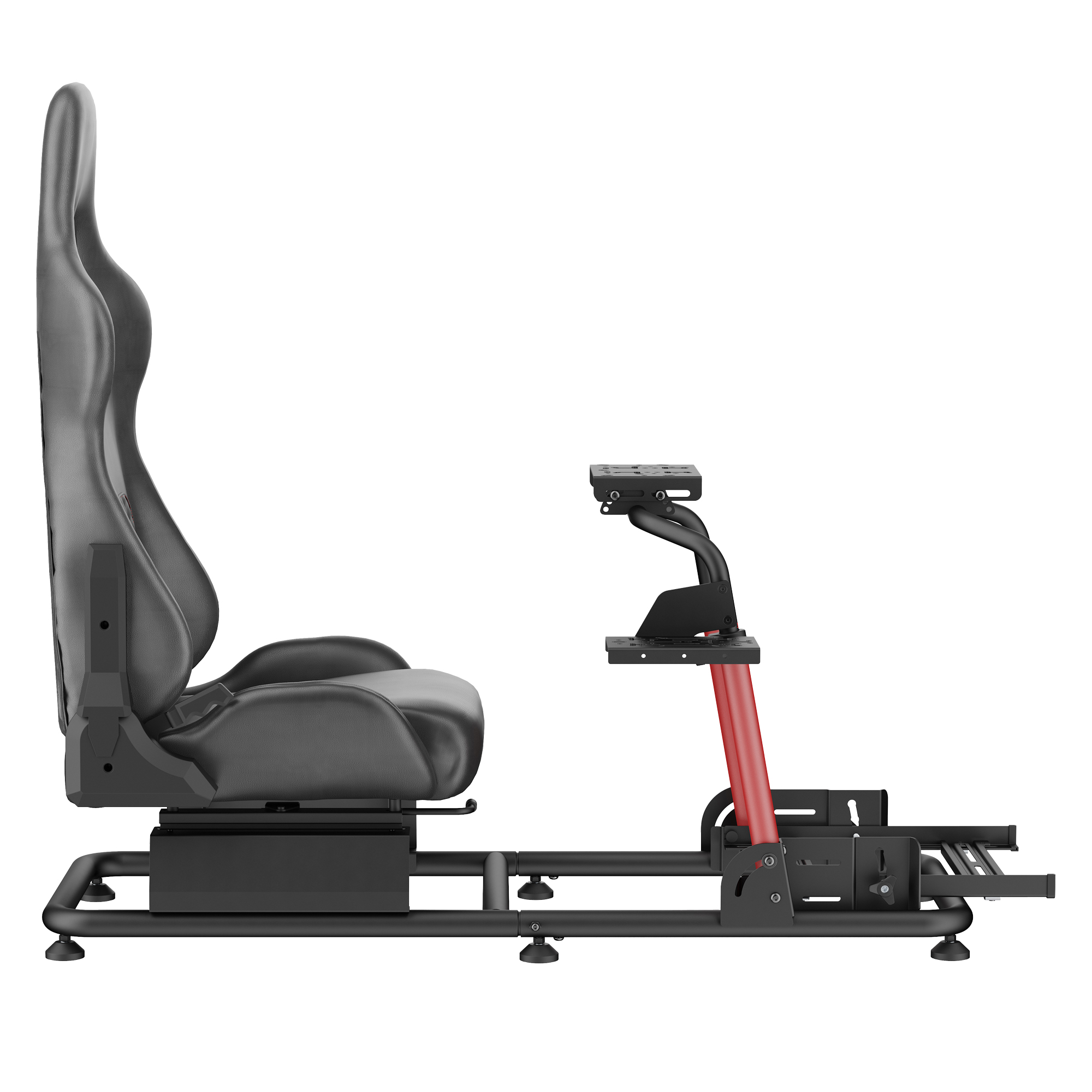 Un asiento de simulador de carreras negro sobre un marco de metal negro con soportes rojos.