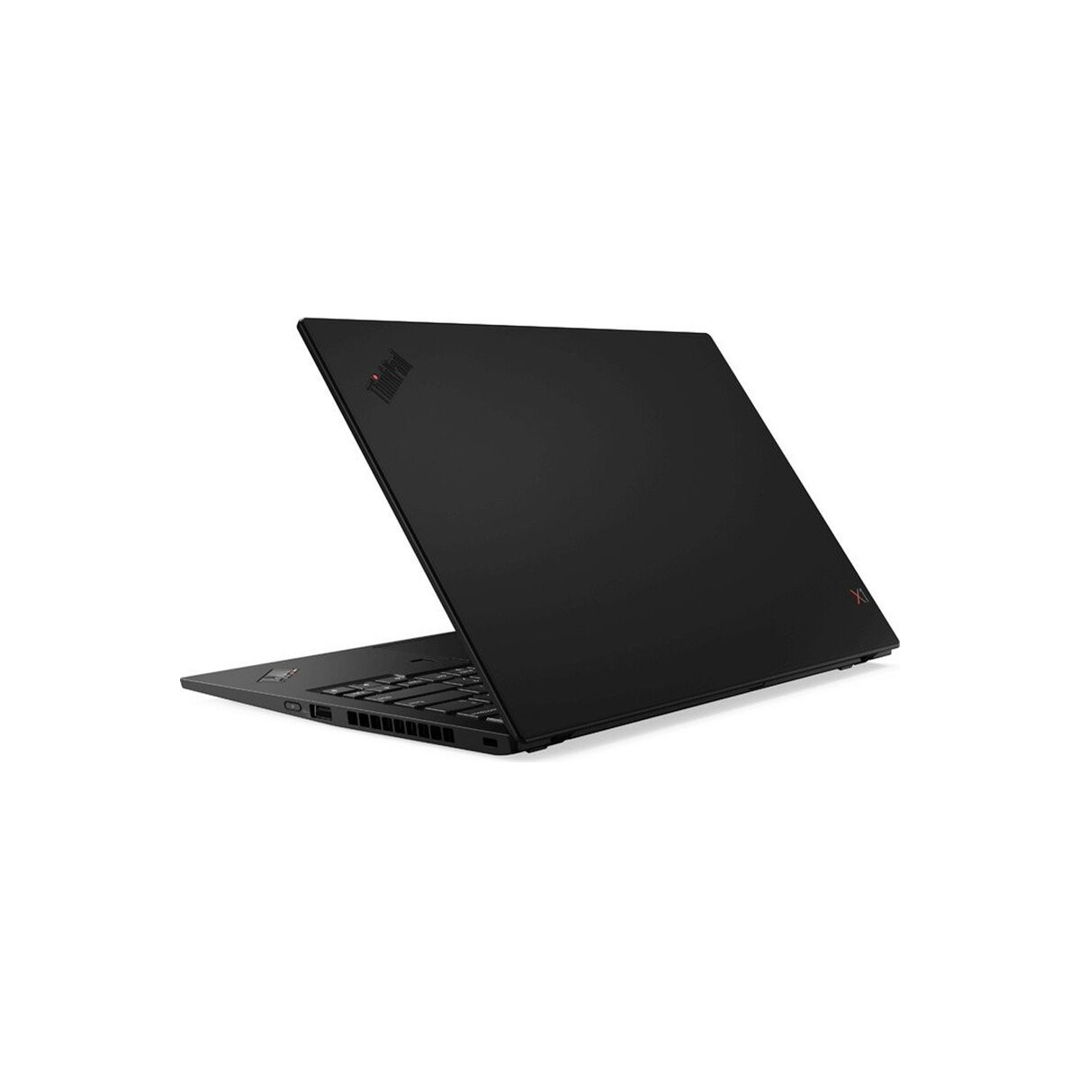 Schwarzer Lenovo ThinkPad X1 Laptop, schräge Ansicht, zeigt Tastatur und Logo.