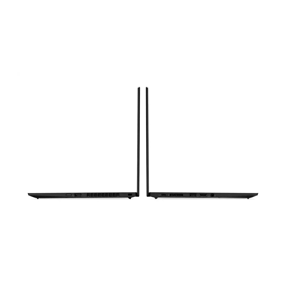Zwei schwarze Laptops nebeneinander, Seitenansicht, wei0er Hintergrund.