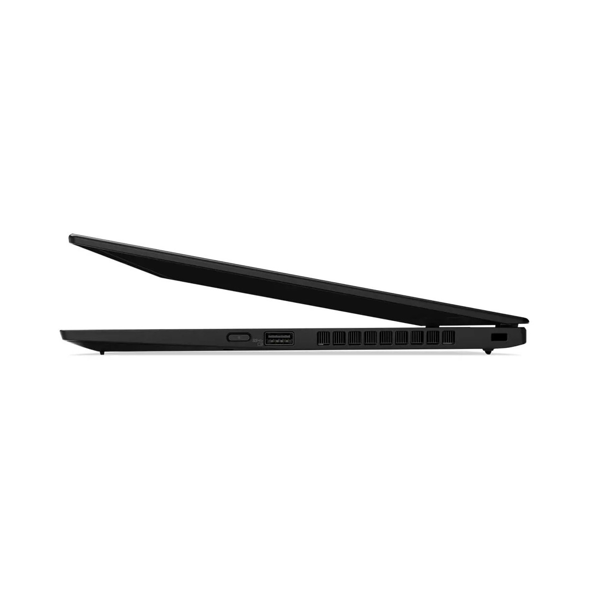 Schwarzer Laptop im Profil, Bildschirm leicht geöffnet, mit USB-Anschlüssen.