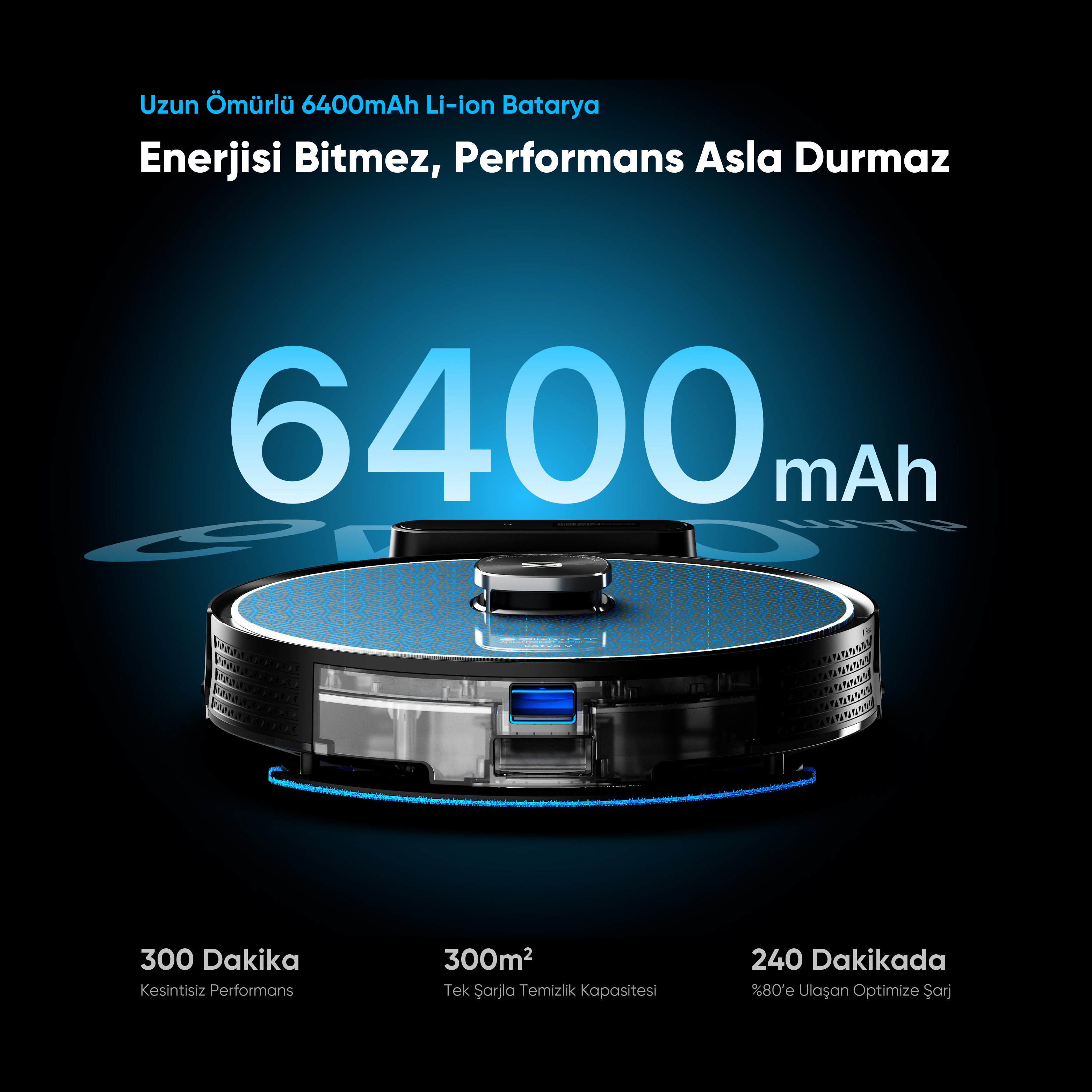 6400mAh bataryalı siyah robot süpürge, 300 dakika çalışır.