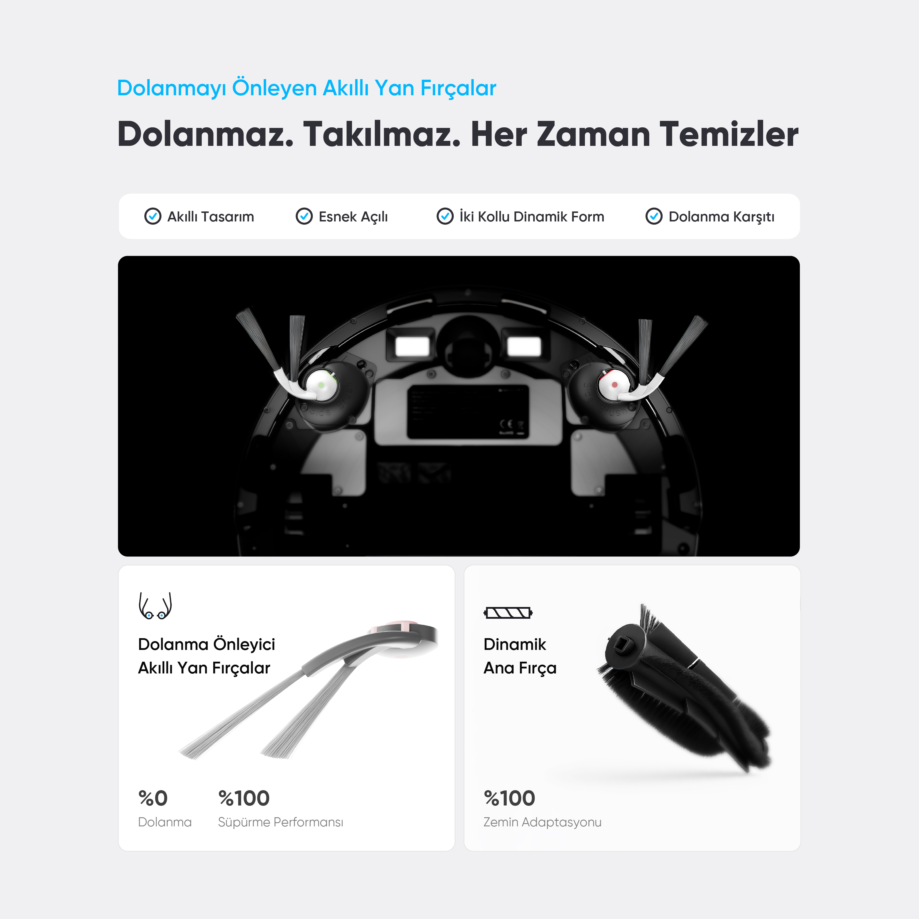 Robot süpürgenin alt kısmının fırçalar ve sensörlerle yakın çekimi.