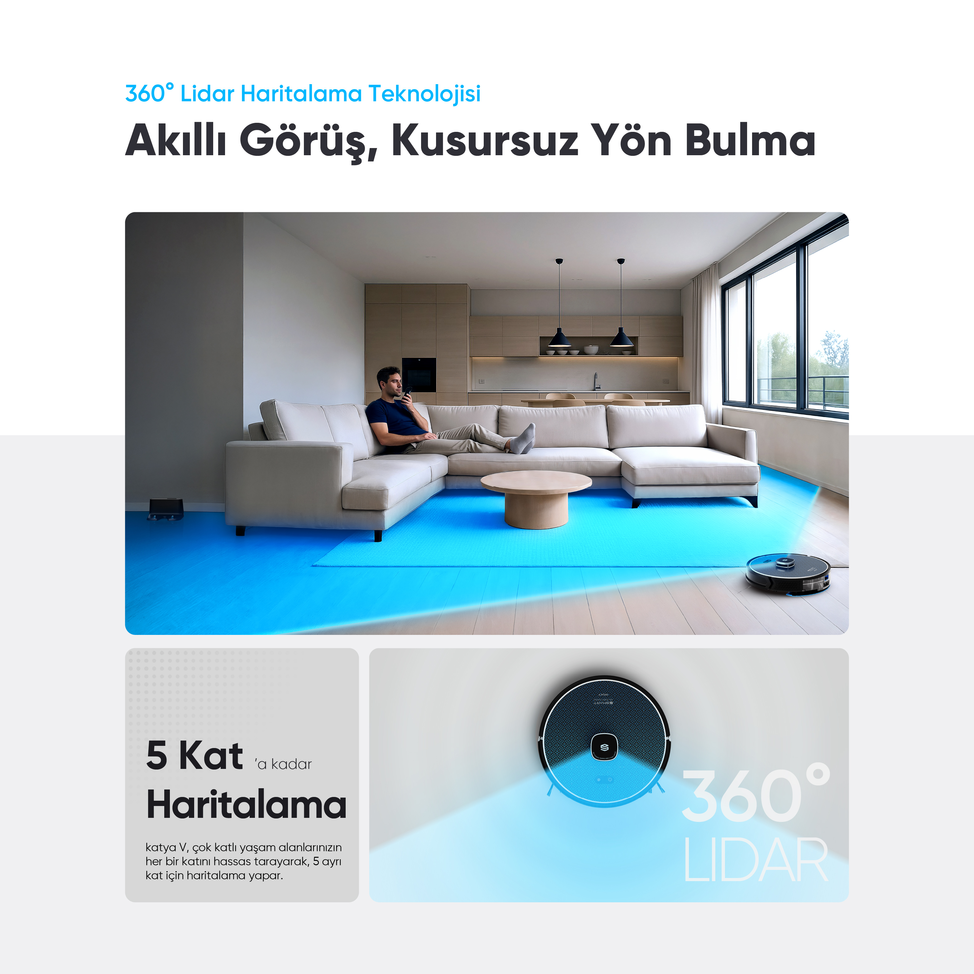 Modern bir oturma odasında koltukta oturan bir adam, robot süpürge zemini temizliyor.