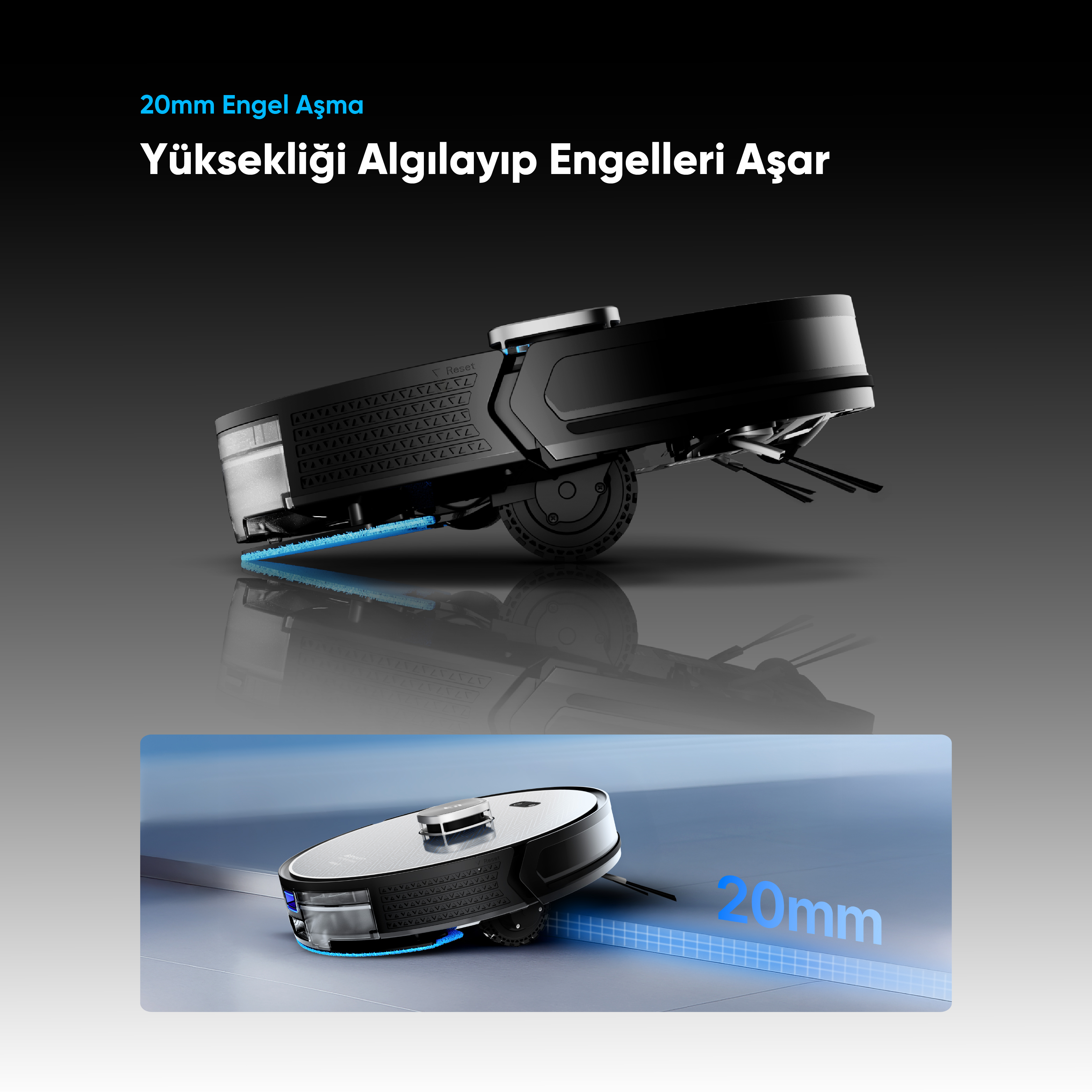 Siyah robot süpürge 20 mm yükseklikteki engelleri aşar.