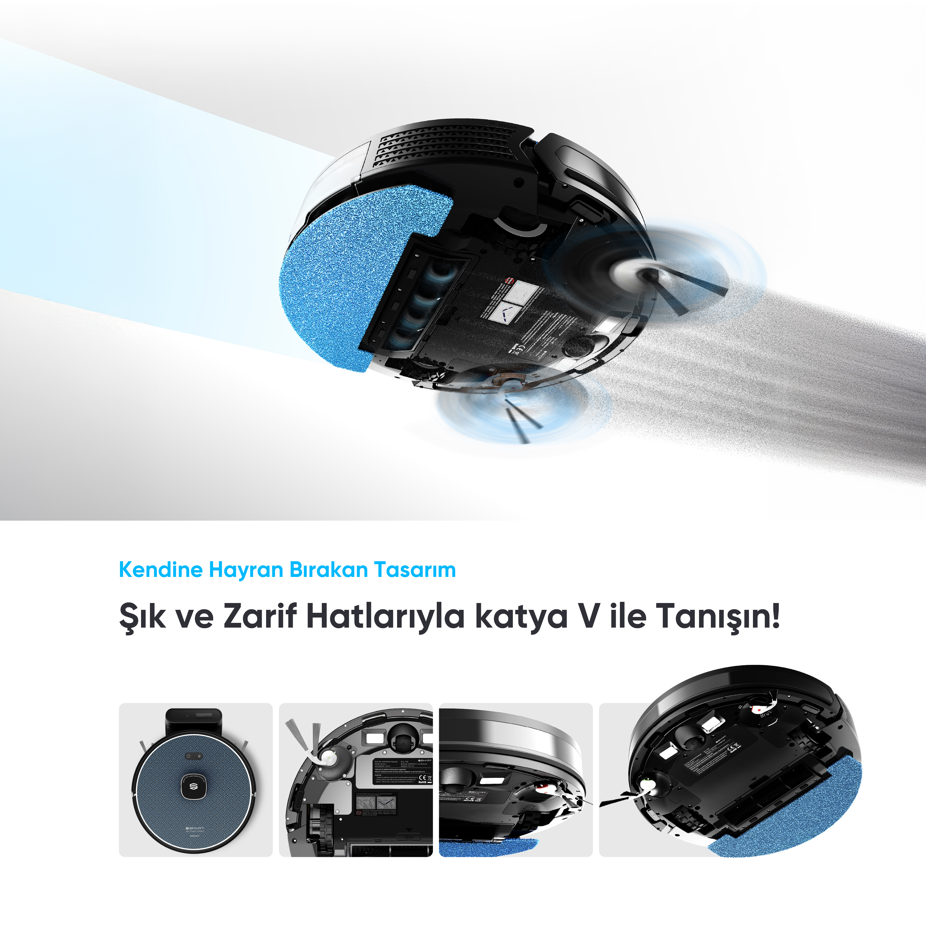 Mavi paspaslı siyah robot süpürge zemini temizliyor.