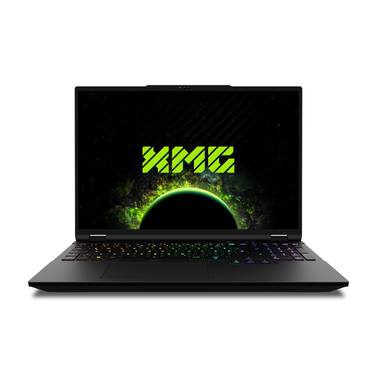 Schwarzer Laptop mit beleuchteter Tastatur und Weltraum-Hintergrund mit XMG-Logo.