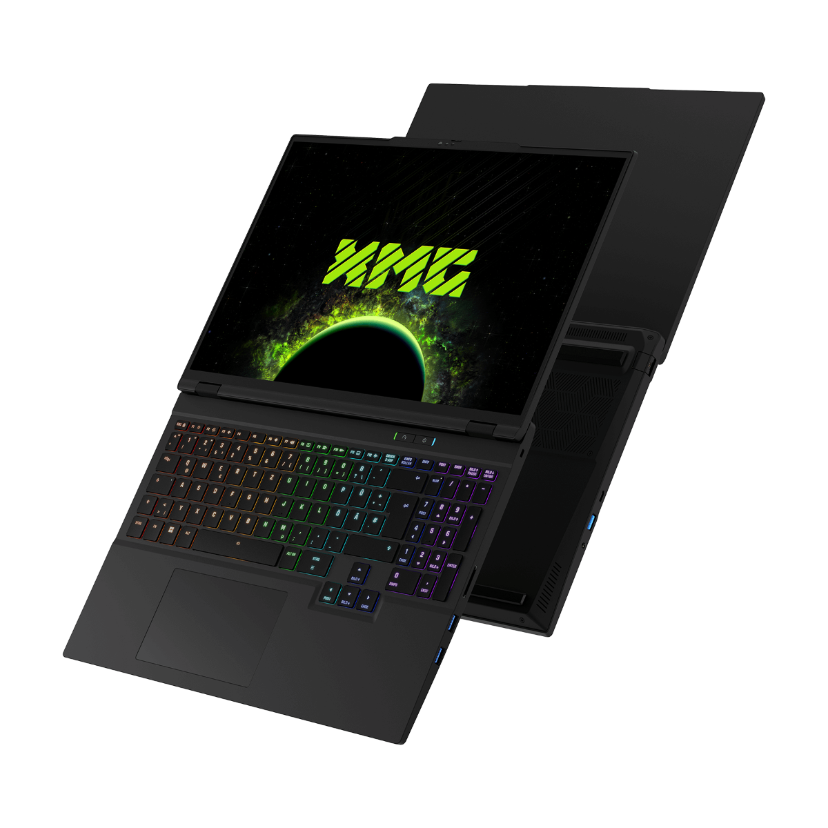 Ein schwarzer Laptop mit bunter Tastatur zeigt einen grünen Nebel und ein Logo auf dem Bildschirm.