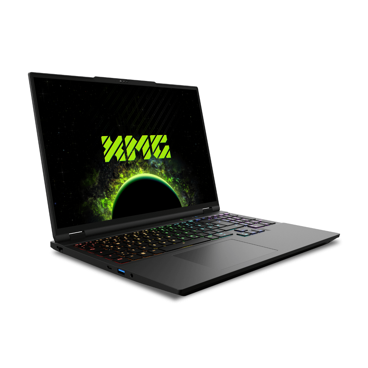 Schwarzer Laptop mit beleuchteter Tastatur und Weltraum-Hintergrundbild.