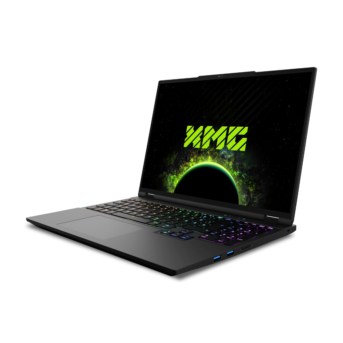 Ein geöffneter schwarzer Laptop mit beleuchteter Tastatur und einem Weltraumhintergrund.