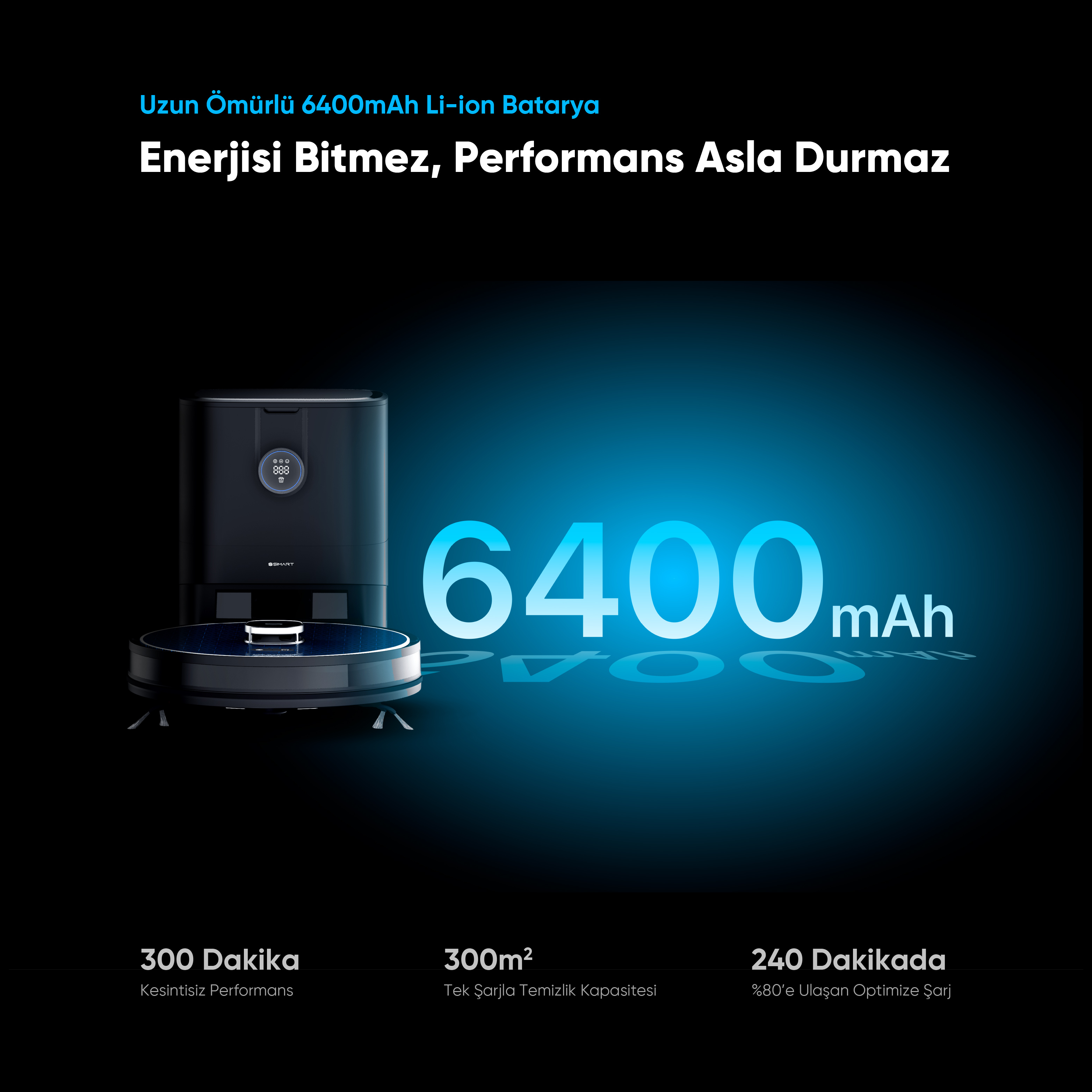 Şarj istasyonlu ve 6400mAh göstergeli siyah robot süpürge.