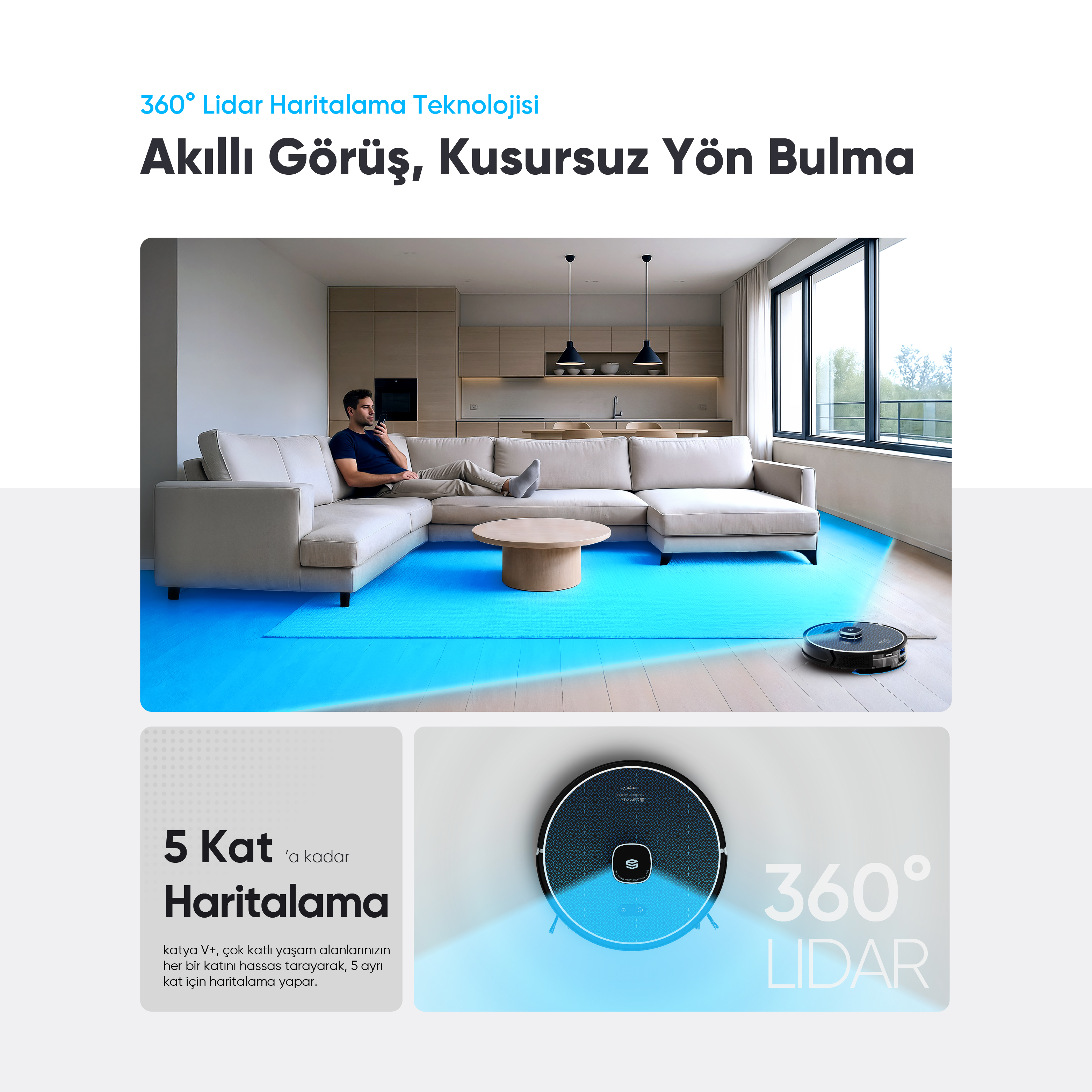Modern bir oturma odasında kanepe üzerinde yatan adam ve robot süpürge.