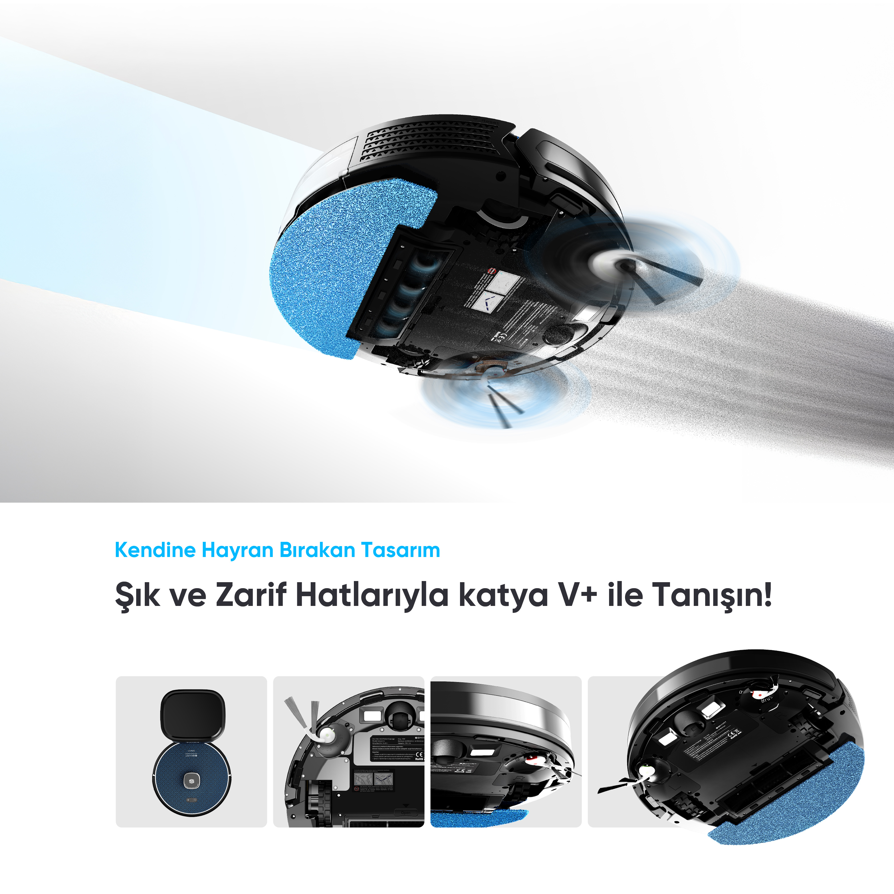 Açık renkli arka planda mavi paspaslı yuvarlak siyah robot süpürge.
