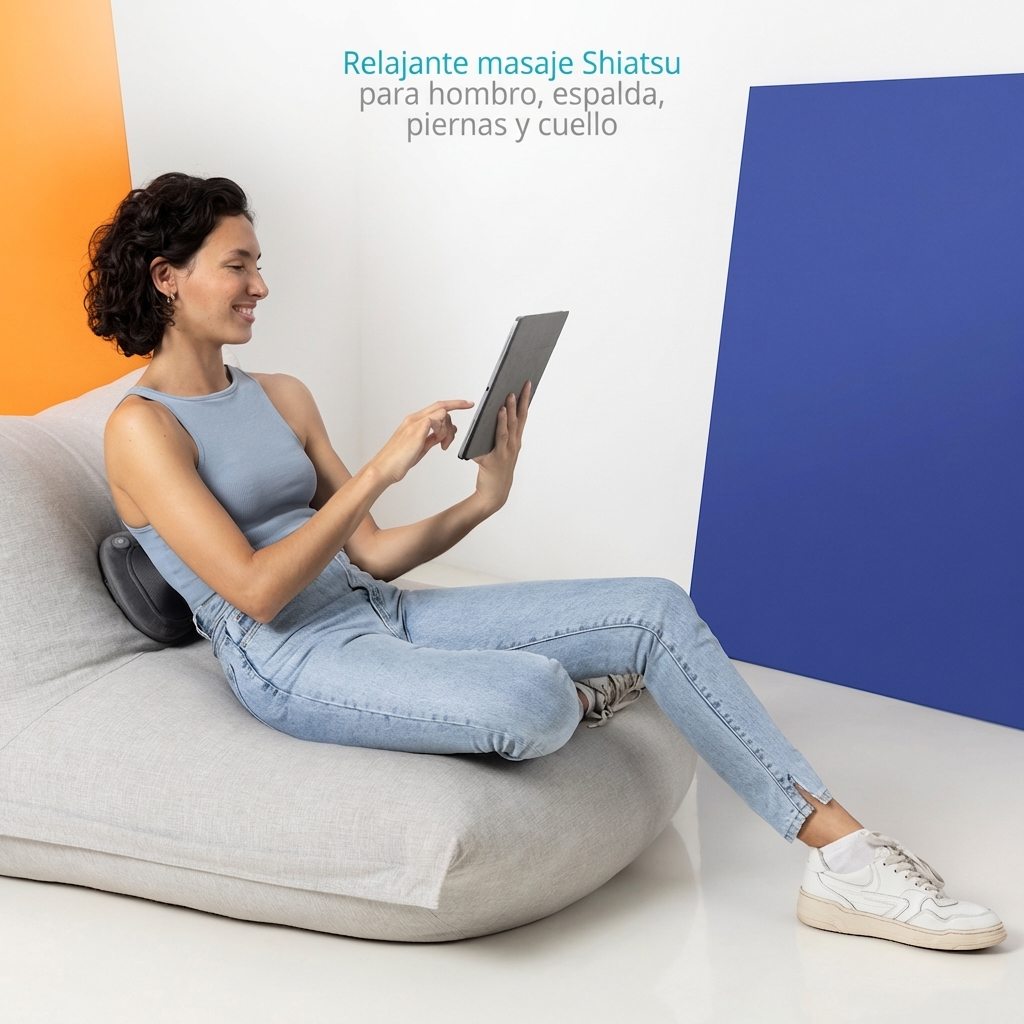 Frau entspannt auf einem Sitzsack mit Massagegerät und Tablet.
