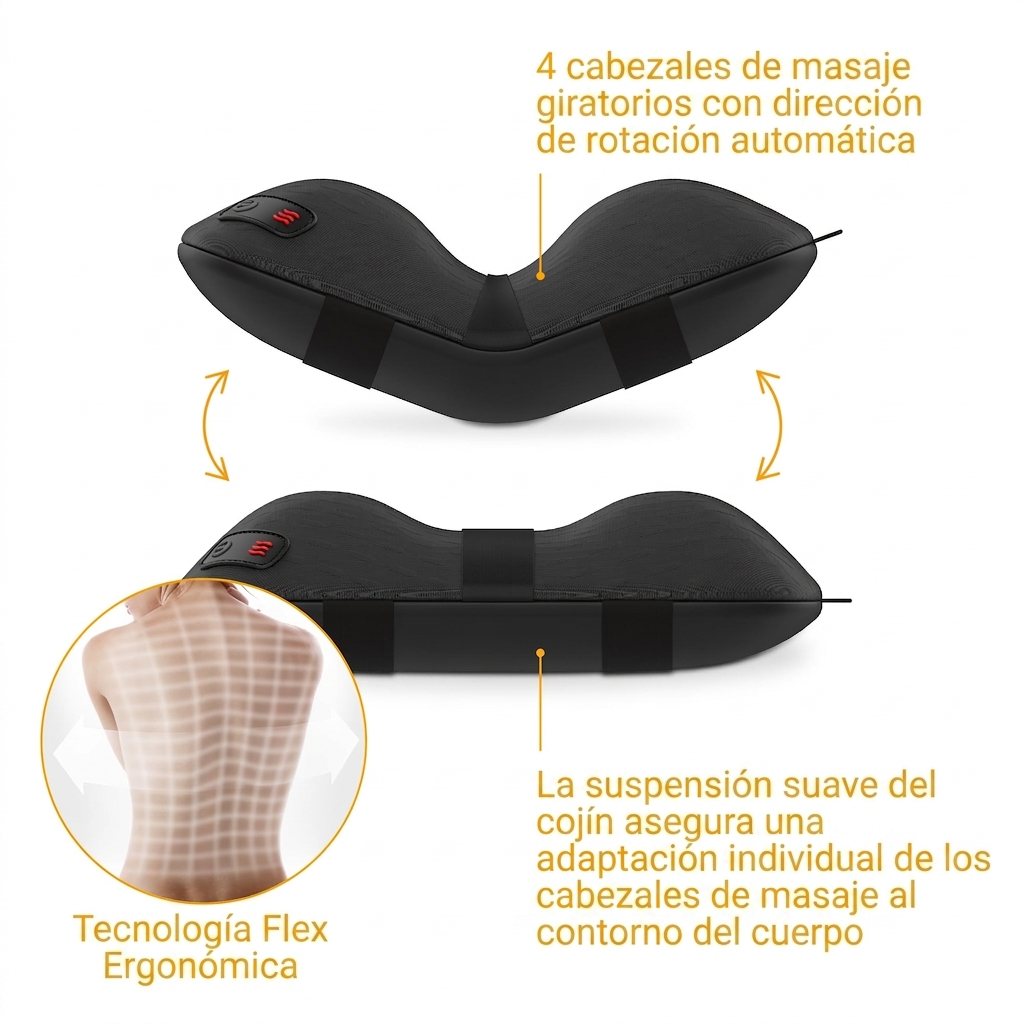 Schwarzes Nackenkissen mit Massageköpfen und ergonomischer Flex-Technologie.