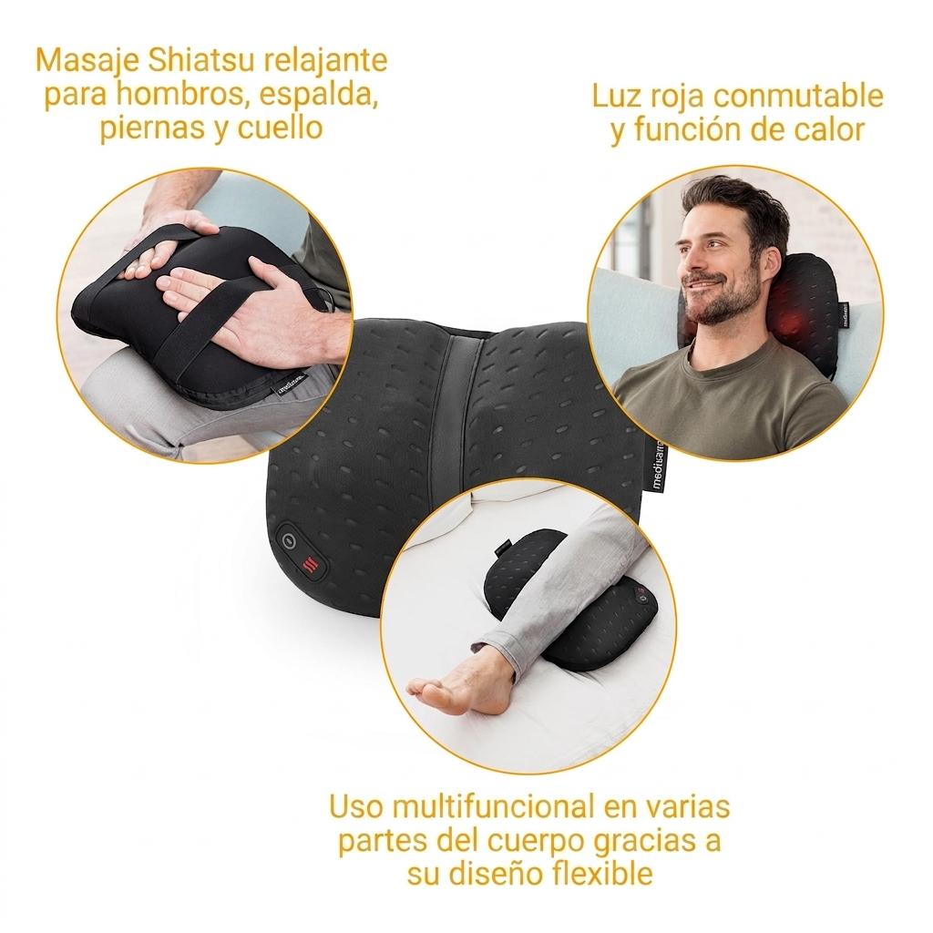 Schwarzes Massagekissen mit roten Heiz- und Shiatsu-Funktionen.