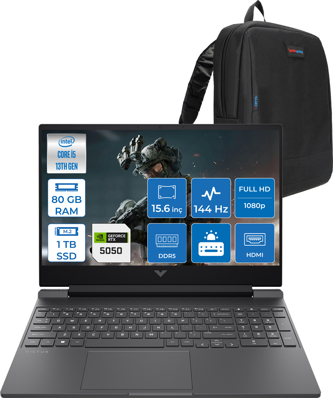 Intel Core i5 13. Nesil, 80GB RAM, 1TB SSD, RTX 5050 dizüstü bilgisayar ve sırt çantası.