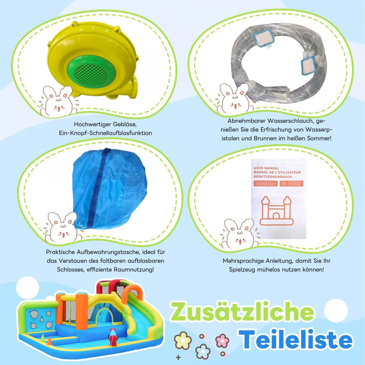 Überblick über Zubehör: Gebläse, Schlauch, Tasche, Anleitung & aufblasbare Burg.
