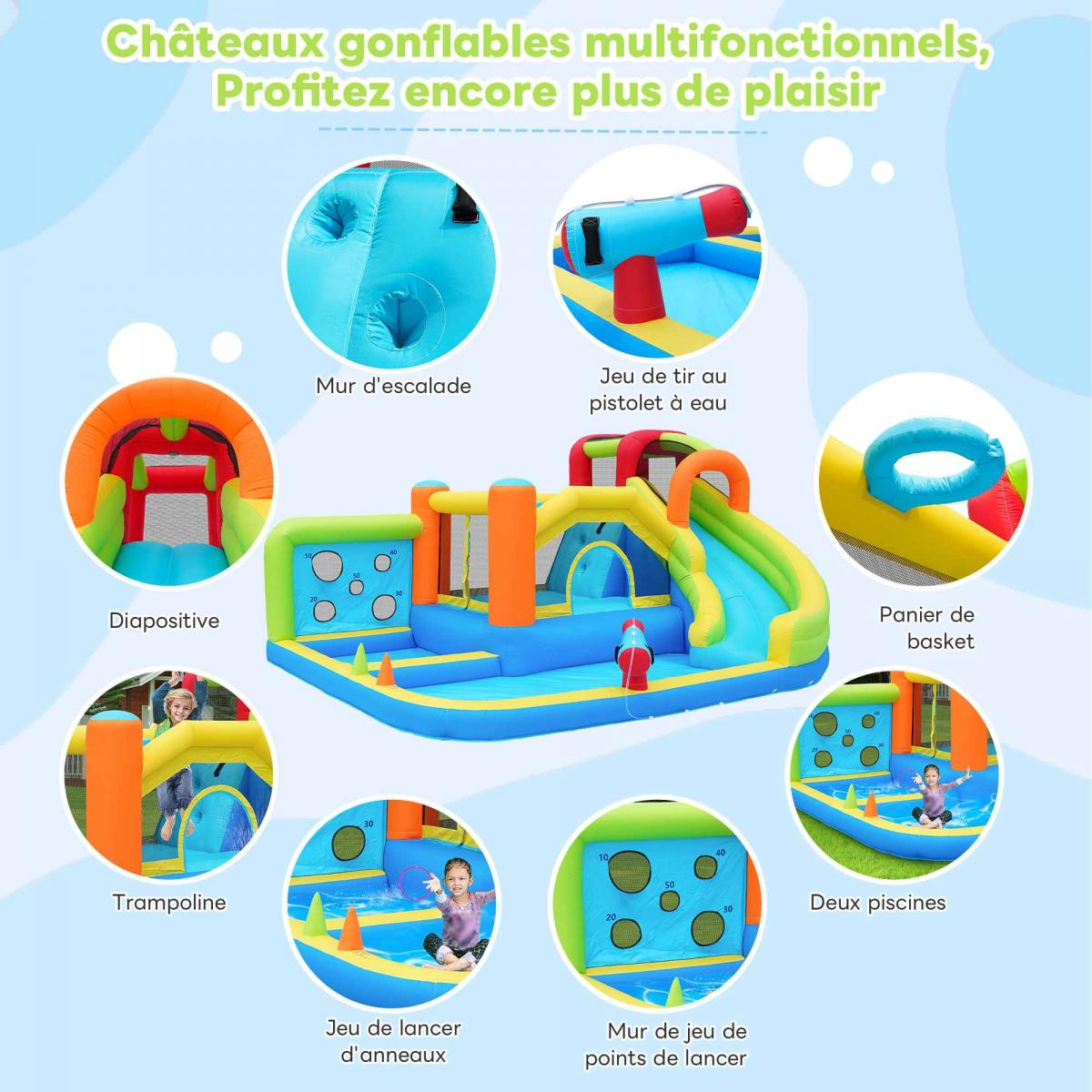 Aufblasbare Burg mit Rutsche, Kletterwand, Trampolin, Basketballkorb, Wasserspiel, Ringwurfspiel.