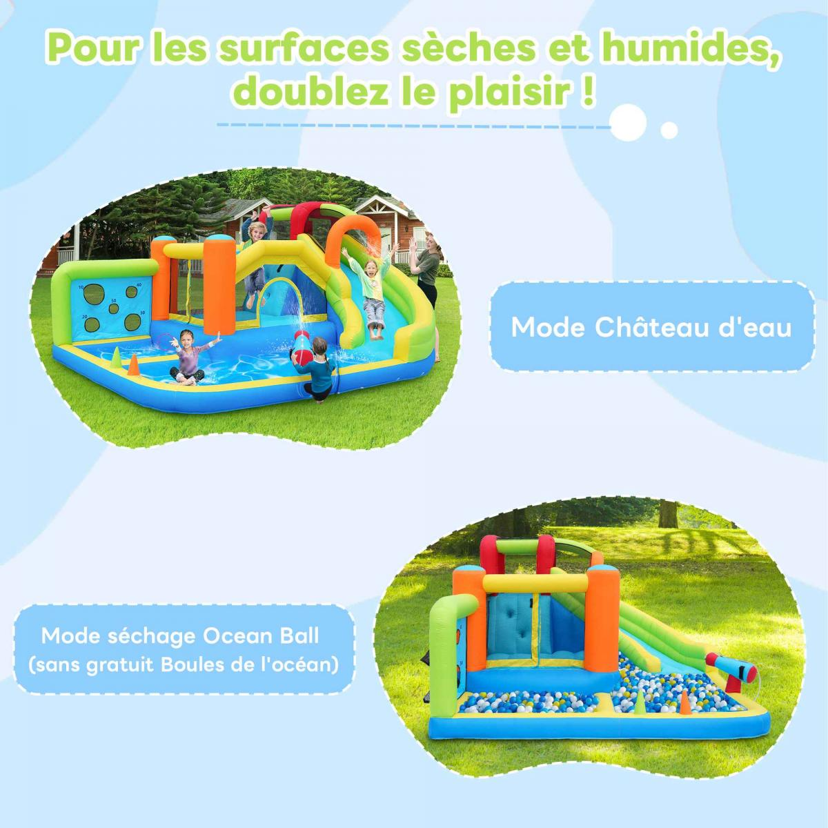 Aufblasbare Wasserrutsche mit Bällen und Kindern im Freien.