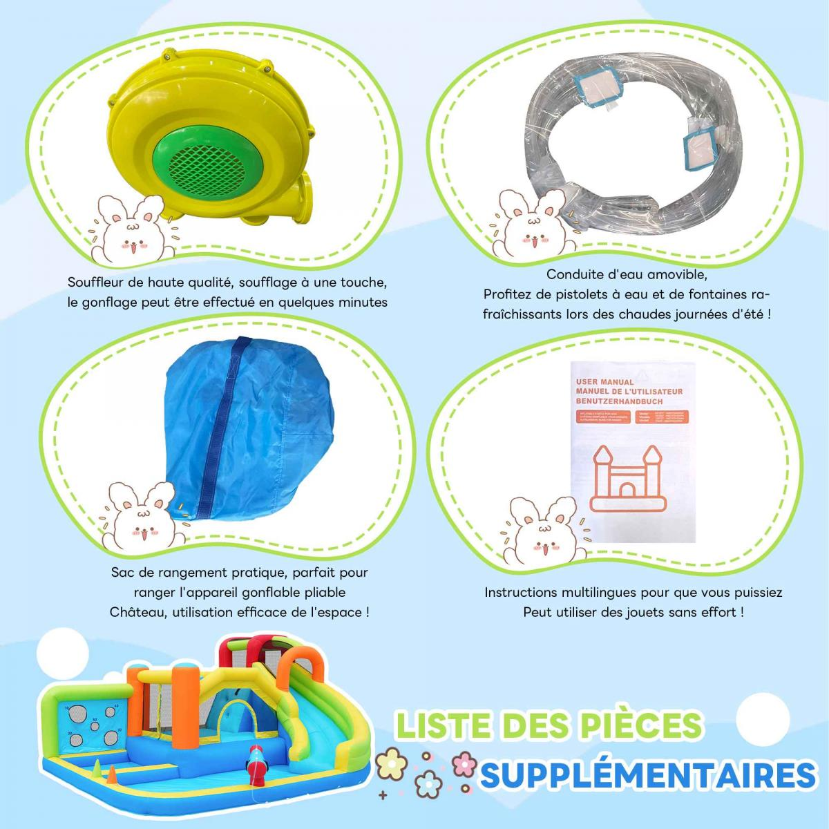Gelbe Luftpumpe, schwarzer Schlauch, blaue Tasche, Handbuch und aufblasbare Burg.