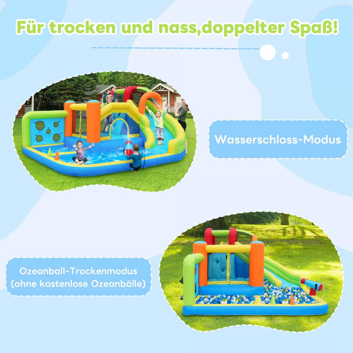 Aufblasbare Spielburg mit Wasserrutsche und Ballgrube.