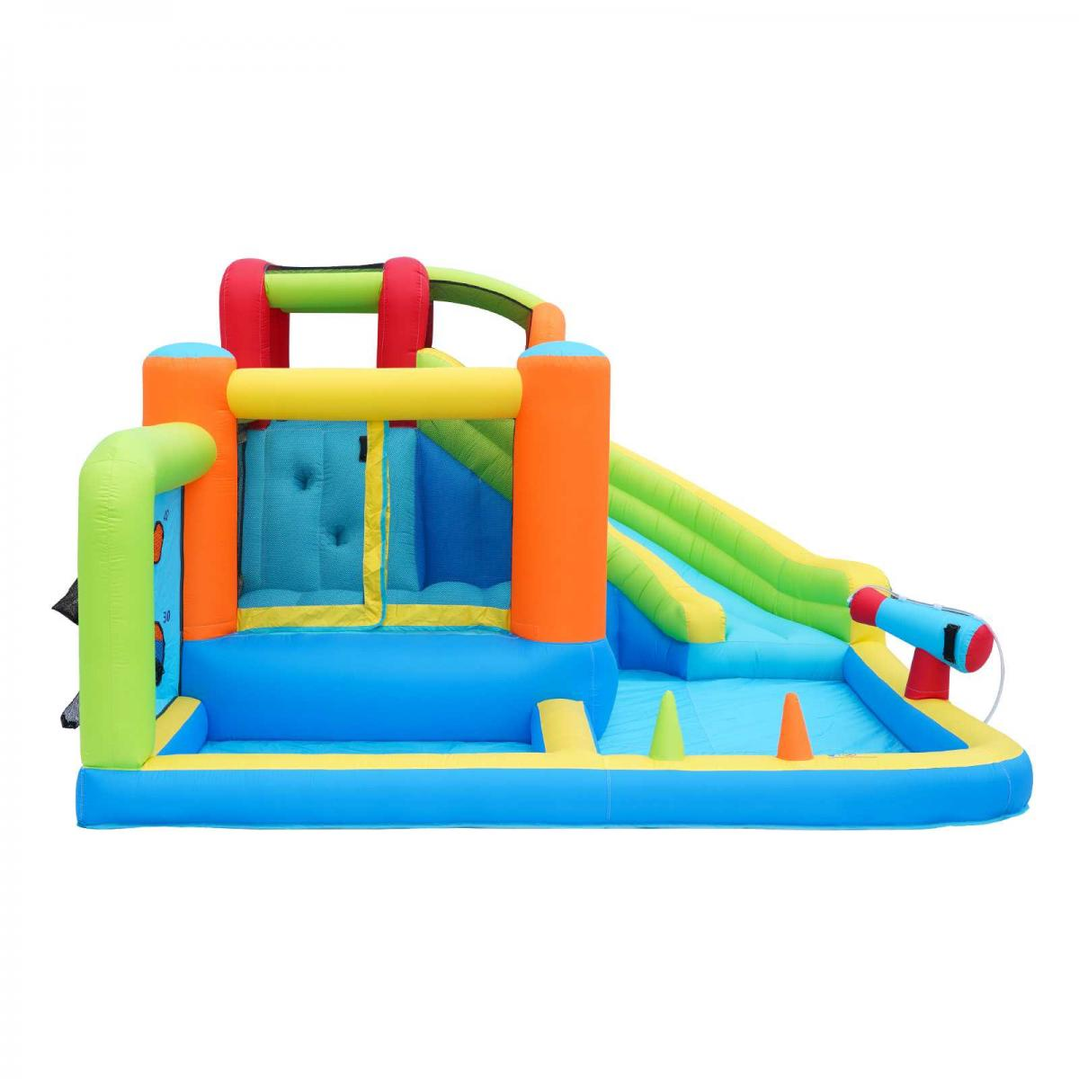 Aufblasbare Wasserrutsche mit Kletterwand, Pool und Wasserkanone in bunten Farben.