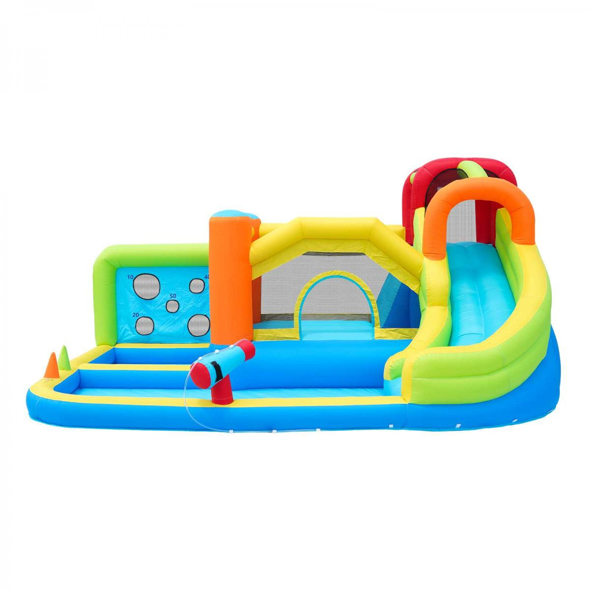 Aufblasbare Wasserrutsche und Hüpfburg mit Pool und Wasserspielzeug.