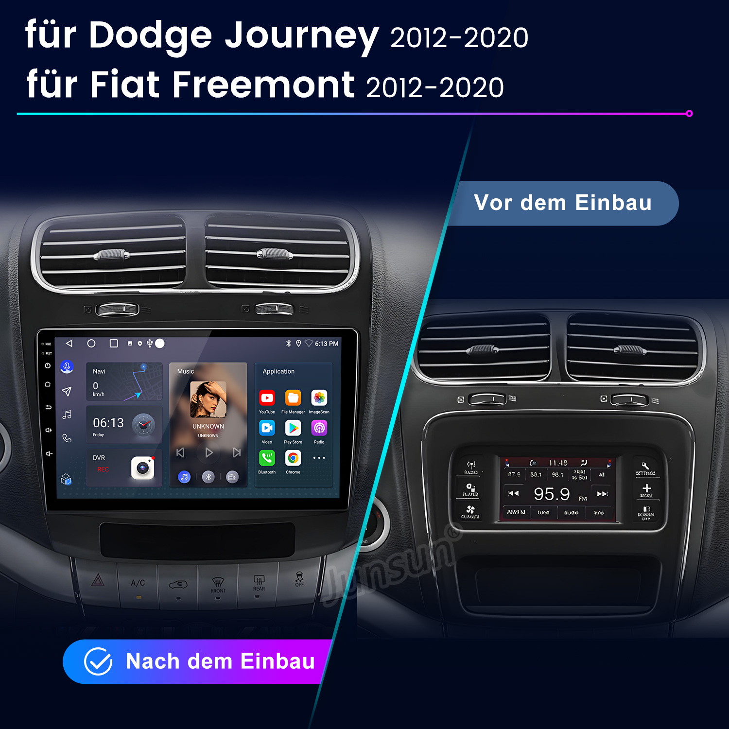 Auto-Infotainmentsystem für Dodge Journey/Fiat Freemont, vor und nach der Installation.