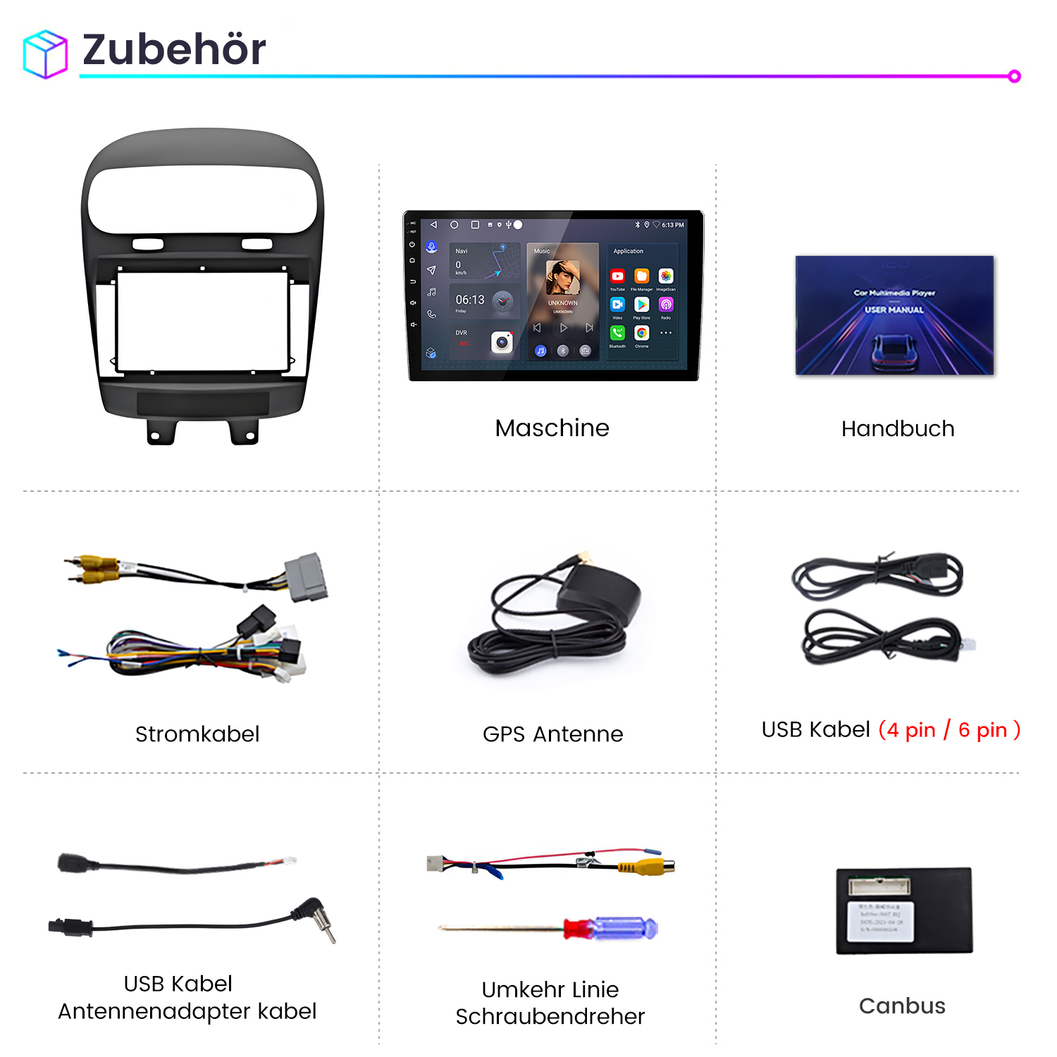 Neun Zubehörteile für Autoradios, einschließlich Rahmen, Bildschirm, Handbuch, Kabel und Antennen.