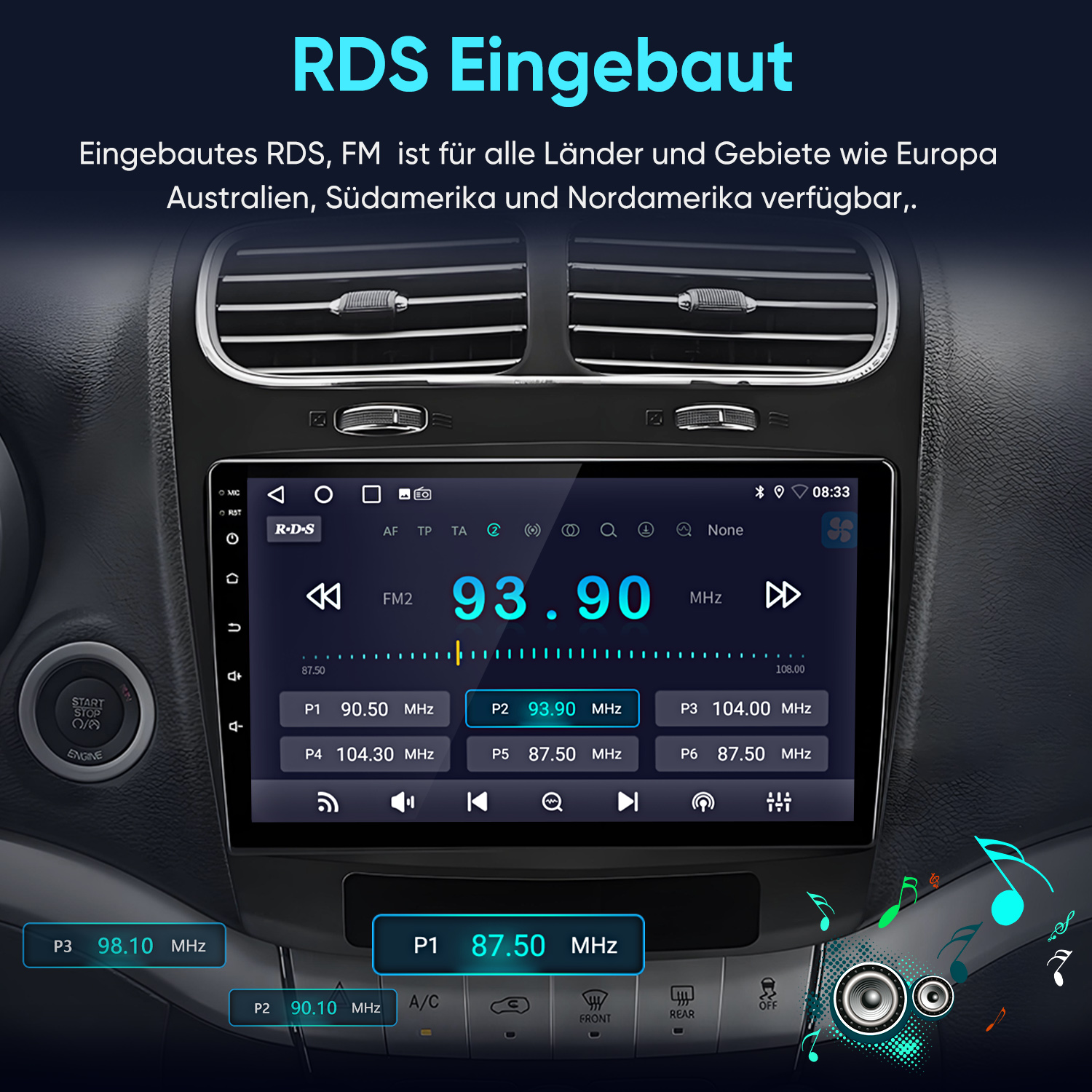 Ein Autoradio mit RDS-Anzeige, das 93.90 MHz zeigt.