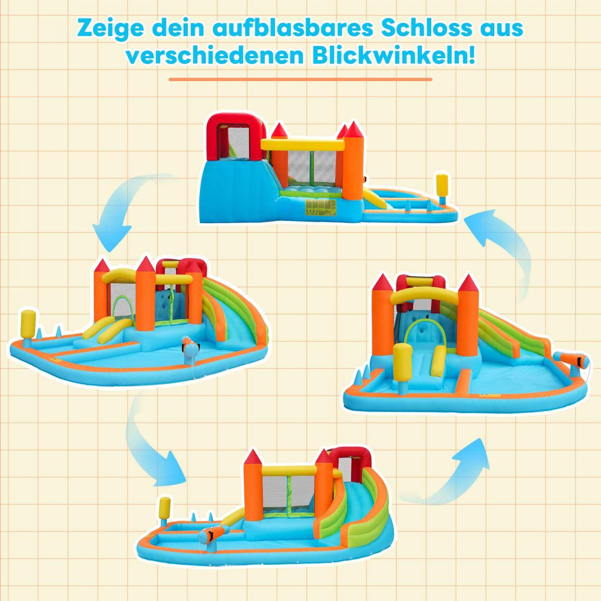 Aufblasbare Wasserrutsche mit mehreren Ansichten und Pfeilen.