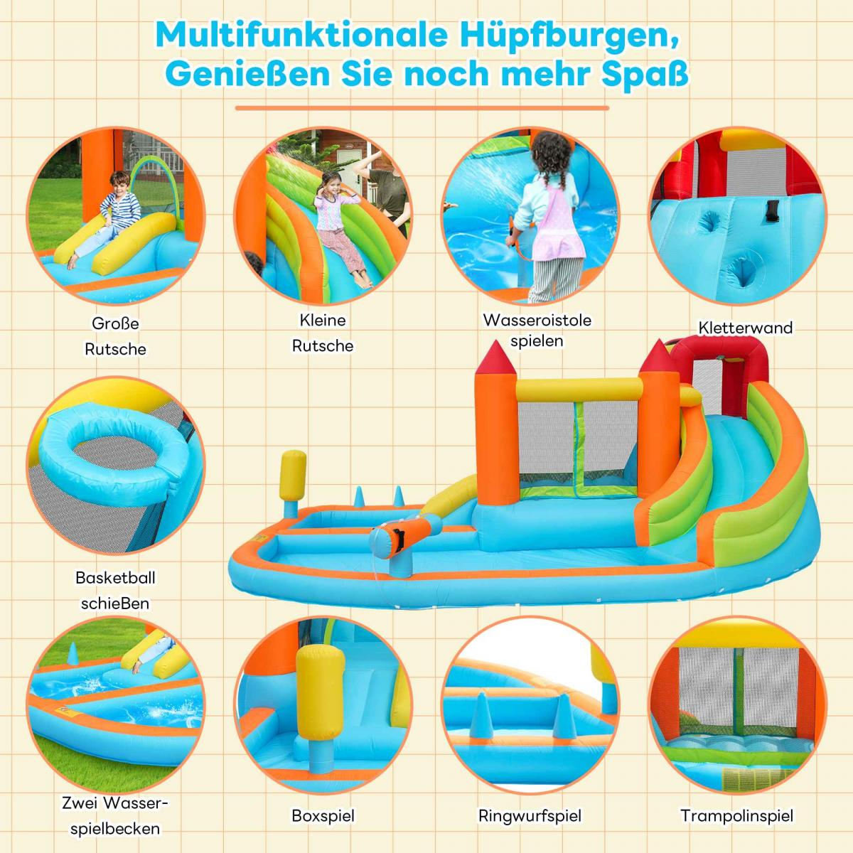Buntes aufblasbares Spielzentrum mit Rutschen, Pool, Kletterwand und Basketball.