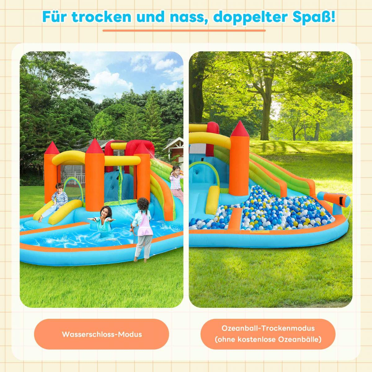Aufblasbare Burg mit Wasserrutsche und Ballgrube, für nassen und trockenen Spaß.
