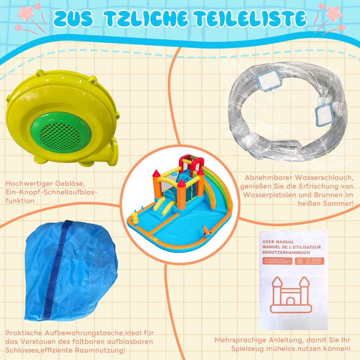 Illustration zeigt Aufblas-Schloss Zubehör: Gebläse, Schlauch, Tasche, Anleitung.