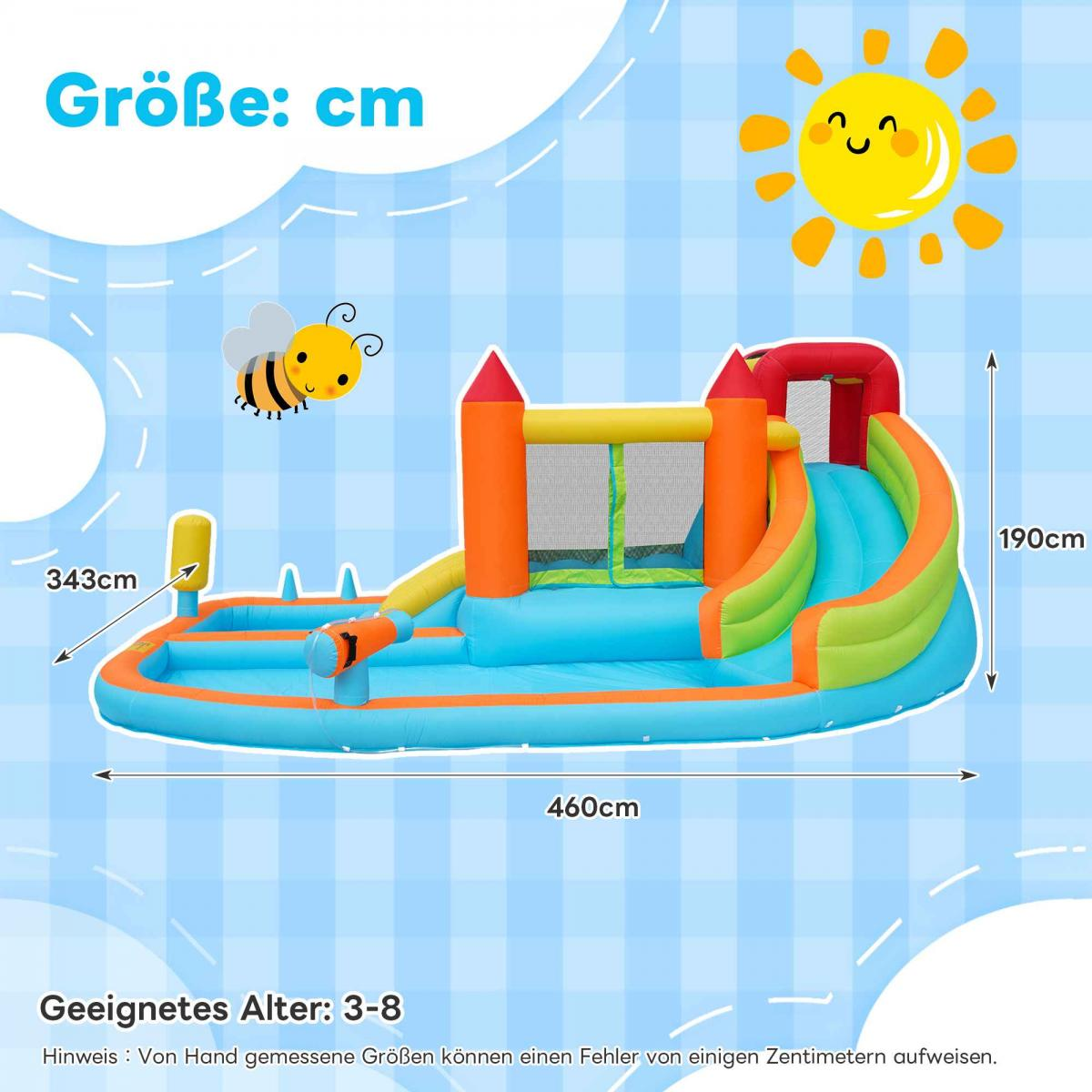 Aufblasbare Wasserrutsche mit Rutsche, Kletterwand und Pool. Maße: 460x343x190cm.