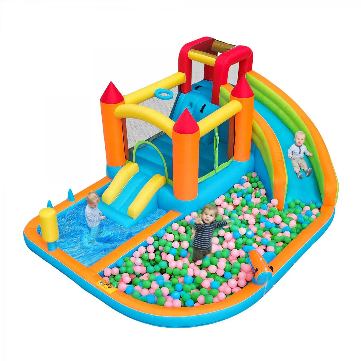Aufblasbare Burg mit Rutschen, Bällebad, Wasserbecken und spielenden Kindern.