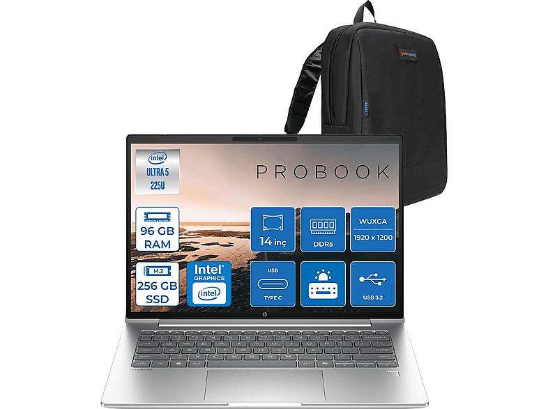 HP ProBook 4 G1I Intel AI Boost 1920x1200 C9FH0ETF36 Intel Core Ultra 5 225U 96 GB RAM 256 GB SSD 14 inç FreeDOS Laptop+Çanta Gümüş