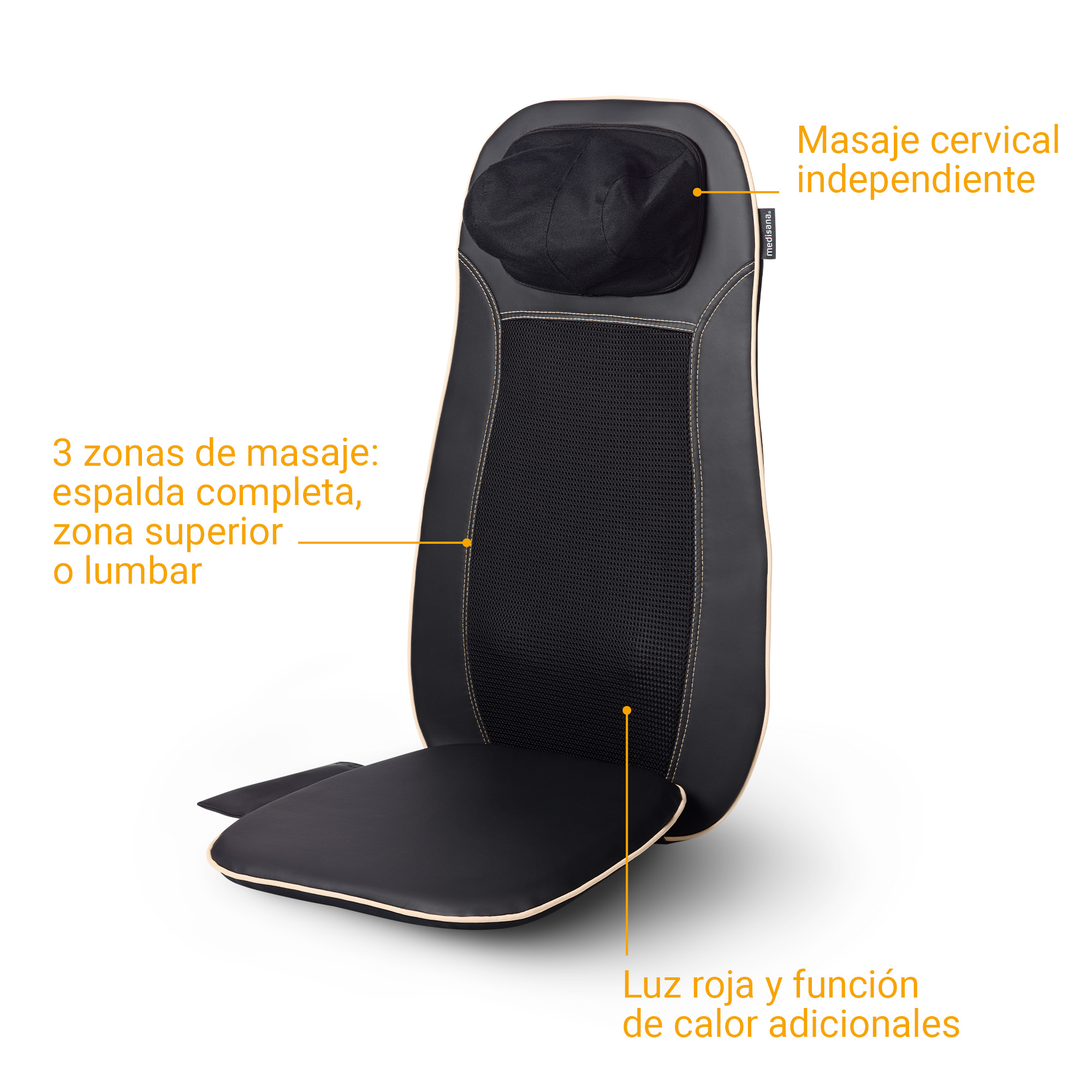 Asiento de masaje negro con reposacabezas, 3 zonas de masaje y función de calor roja.